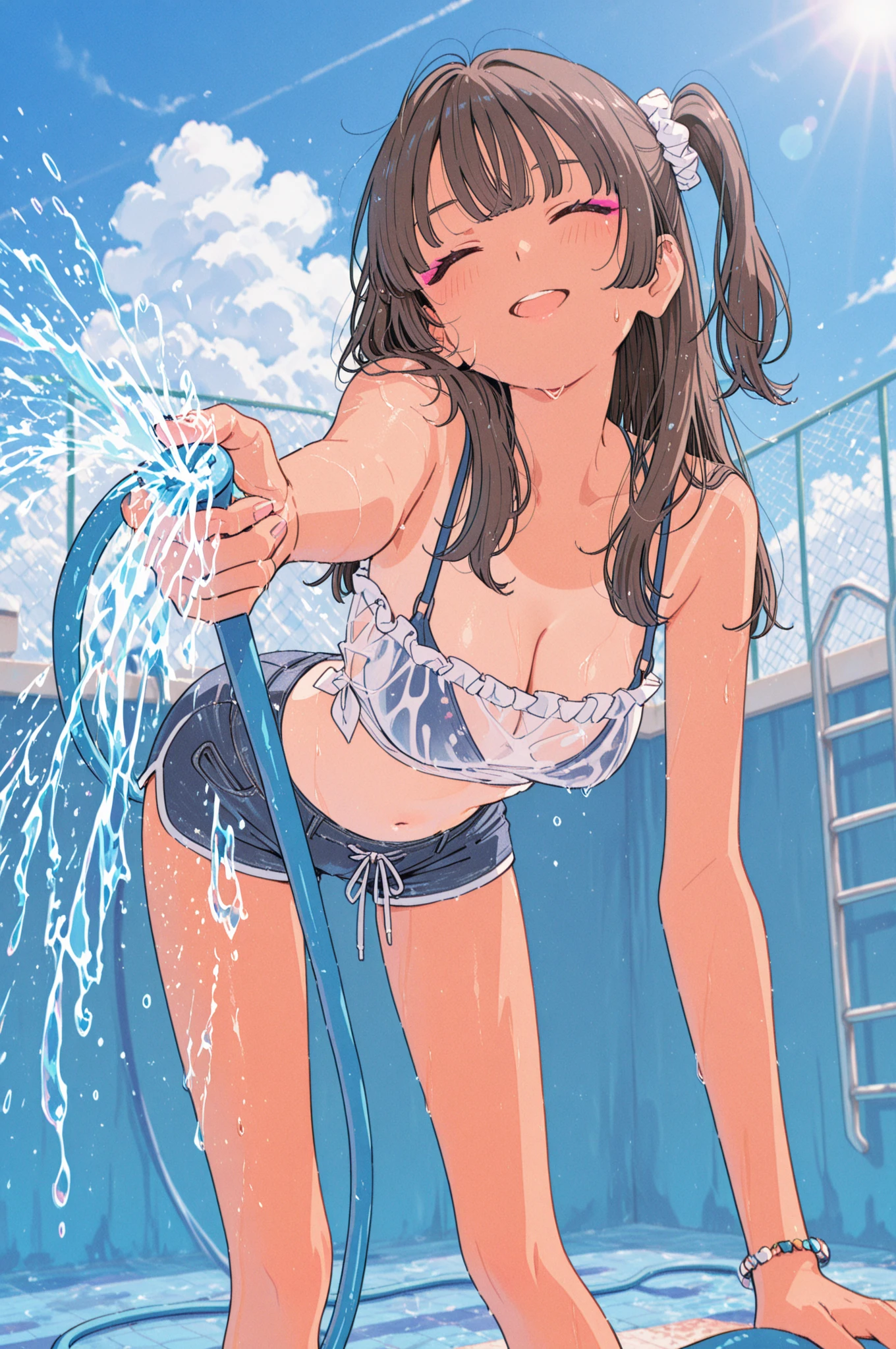 Highest quality、masterpiece、beautiful、detailed、Year: 12、Black hair twin-tailed female elementary school student、beach、Pouring sunlight、Dynamic pose、Spraying water with a water gun、Angle from below、smile、Slim figure、(Wet and see-through clothing:1.2)、covered erectile nipples、camisole、Striped underwear、(cameltoe:0.8)