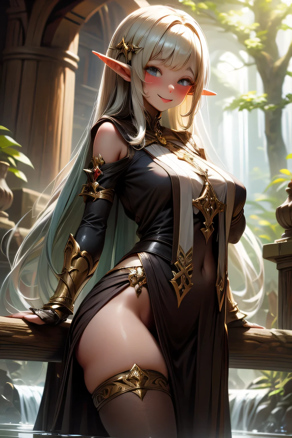 blonde hair, wavy hair, big hair, expressive hair, crown, aqua eyes, ringed eyes, long pointy ears, blush, Surrealism, Realism, Surrealism, cinematic lighting, drop shadow, vignetting, vanishing point, f/16, 35mm, Sony FE GM, 8k, super detail, textured skin, super detail, high details, high quality, best quality, masterpiece, Black clothes, pointy medium breasts, thin waist, thick thighs