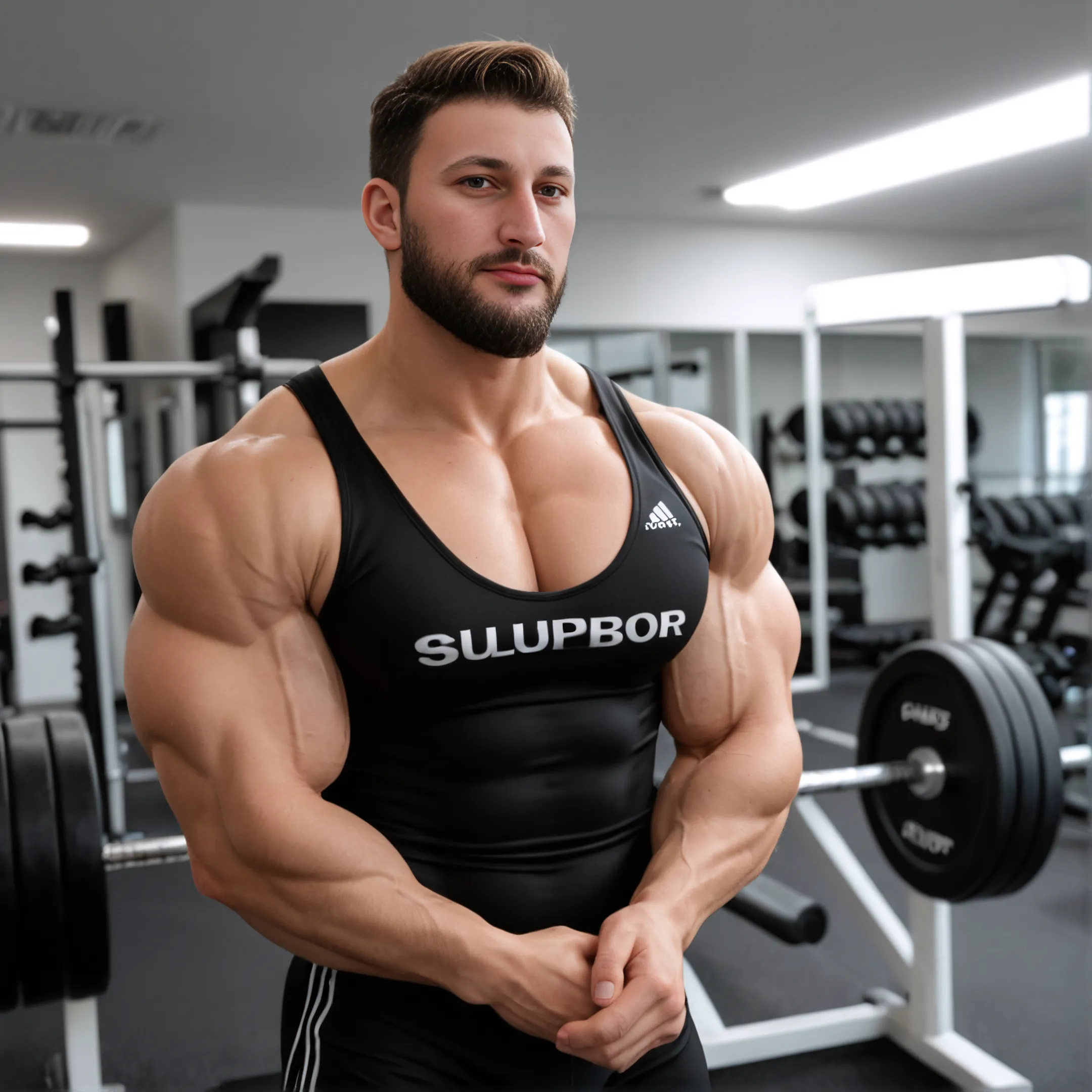 top-notch quality, masterpiece, ultra high res, Vin Diesel, realistic, solo, photographic artwork, mature, big bulge, penis, testicles, big penis, erection, bara, muscular, tight boxer briefs, tight tank top vest, mature male, thick thighs,bald head, dog tags necklace, facial hair, arousing, titillating, tantalizing, perfect body, perfect face, clearly drawn face, depth of field, cinematic postprocessing ,volumetric lighting, at eye level, wide angle shot, nikon,