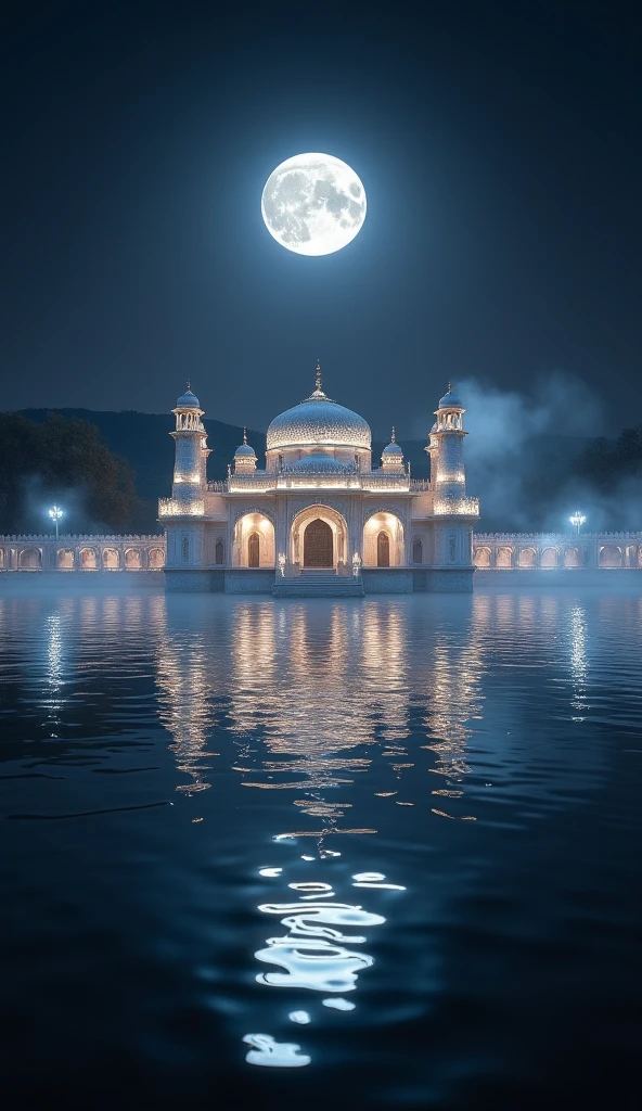 Palace by the lake, full moon and heat haze combine, mystical atmosphere, ornate palace, reflective water, ultrahigh definition, 3D depth, inspired by Leonardo da Vinci, Rembrandt, J.M.W. Turner, mesquite