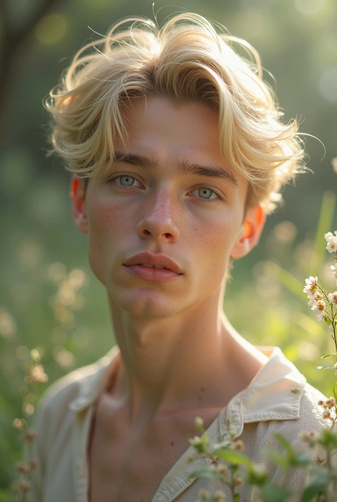 Behold ((1man)), full body photo, fashion editorial photo shot, a photogenic charming 19 year old male supermodel, reminiscent of a mix between Sean O’Pry and Lucky Blue Smith, ((hazel green eyes)), prince smile, angel face with natural Blemishes and freckle:0.2, short curly hair,  symmetric face, natural olive skin tone, he embodies youthfulness, athleticism, ((wearing white underwear only, semi hard bugle)), ((man focus)), against the backdrop of the vibrant greenery scene, meadow adorned with wild colorful flowers, Captured in a full-body pose with dynamic angle, using a Canon EOS R6 and Sigma AF 24mm F1.4 EX DG HSM lens by Thomas Synnamon, the focus of the photo is on his captivating presence and the intricate details of the surroundings, Utilize natural soft lighting, casting gentle highlights and shadows that accentuate the contours of his face and body, The light creates a warm intimate atmosphere with a soft golden tone that enhances his skin, The interplay of light and shadow adds depth and dimension to the scene, slightly blurred focus background bringing him into sharp clear detail while the rich tones of the background enhance the overall opulence of the image, Employ a shallow depth of field to focus closely on his face and body, Draw inspiration from high-fashion photographer, emphasize detail, texture and a sophisticated luxurious atmosphere, Emphasize the golden warm lighting and its effect on enhancing his features and the robe's rich textures, creating a visually captivating and elegant portrait that exudes warmth and sophistication, The overall mood blend the classical elegance of the modern, high-fashion aesthetic, producing an image that feels both timel.