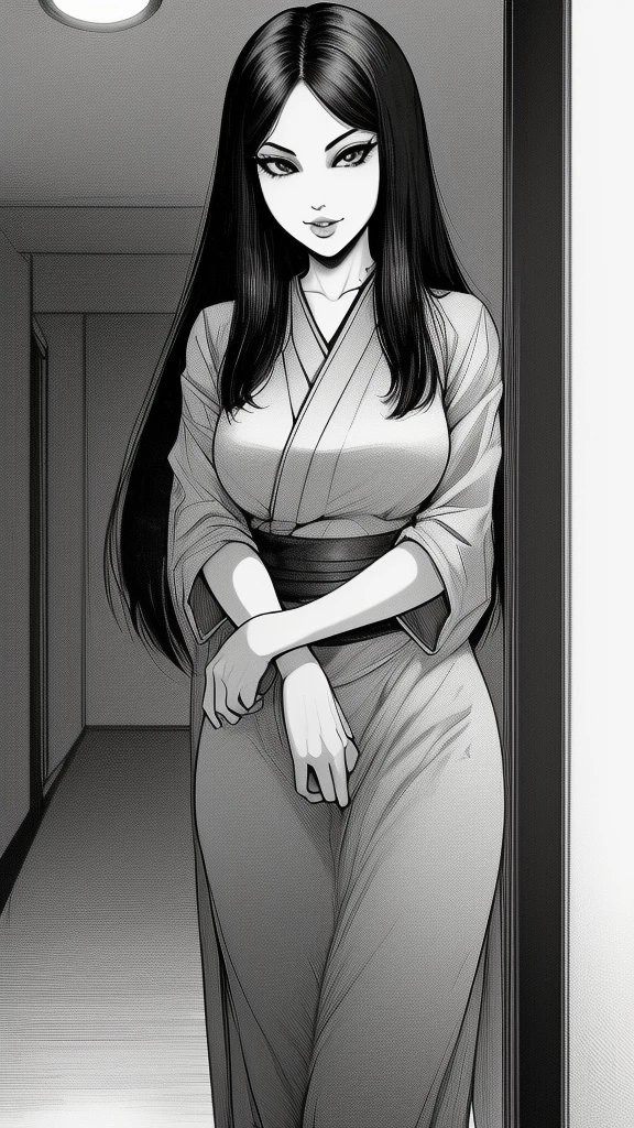 Sadako looking behind a door from a dark ropm, puerta entreabierta, ju-on, curvy, horror, dark room, dark, tenebroso, miedo, thriller, blue filter