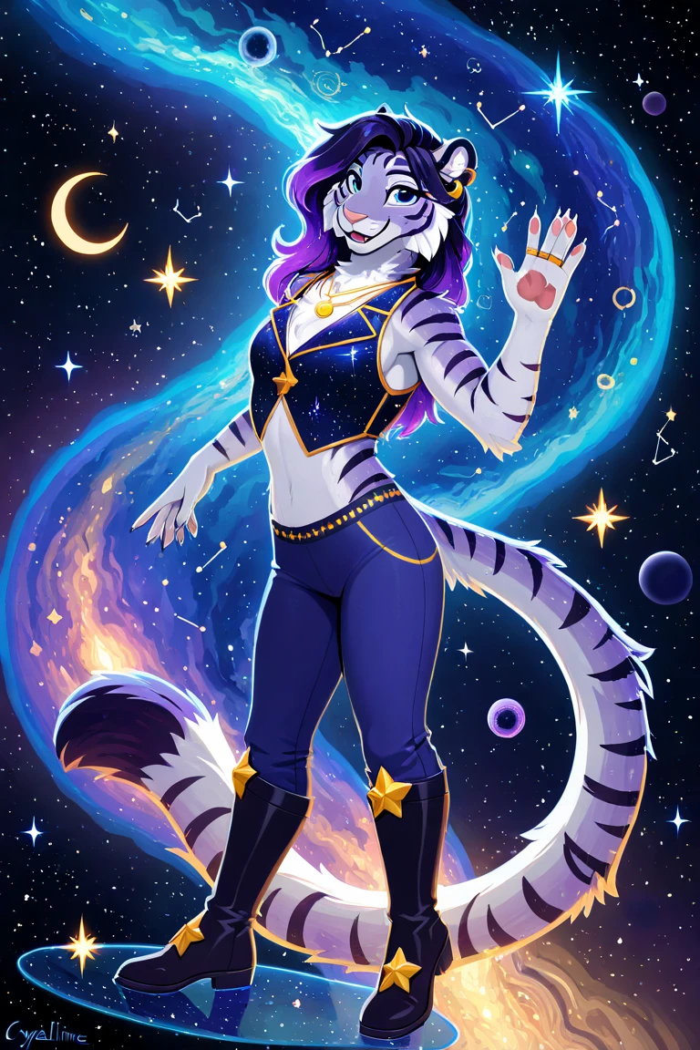 solar system, featuring mythical creatures, glowing bubbles, diamond body, multi colored eyes, dark brown eyes, floating colorful paint, paw, rainbow hair, award-winning illustration, swirling bubbles, impressionist, egypt futuristic, color palette crimson, dream, upper body selfie, rainbow clothes, stunning gradient colors, wolf fursuit, paw shoes, glass skin