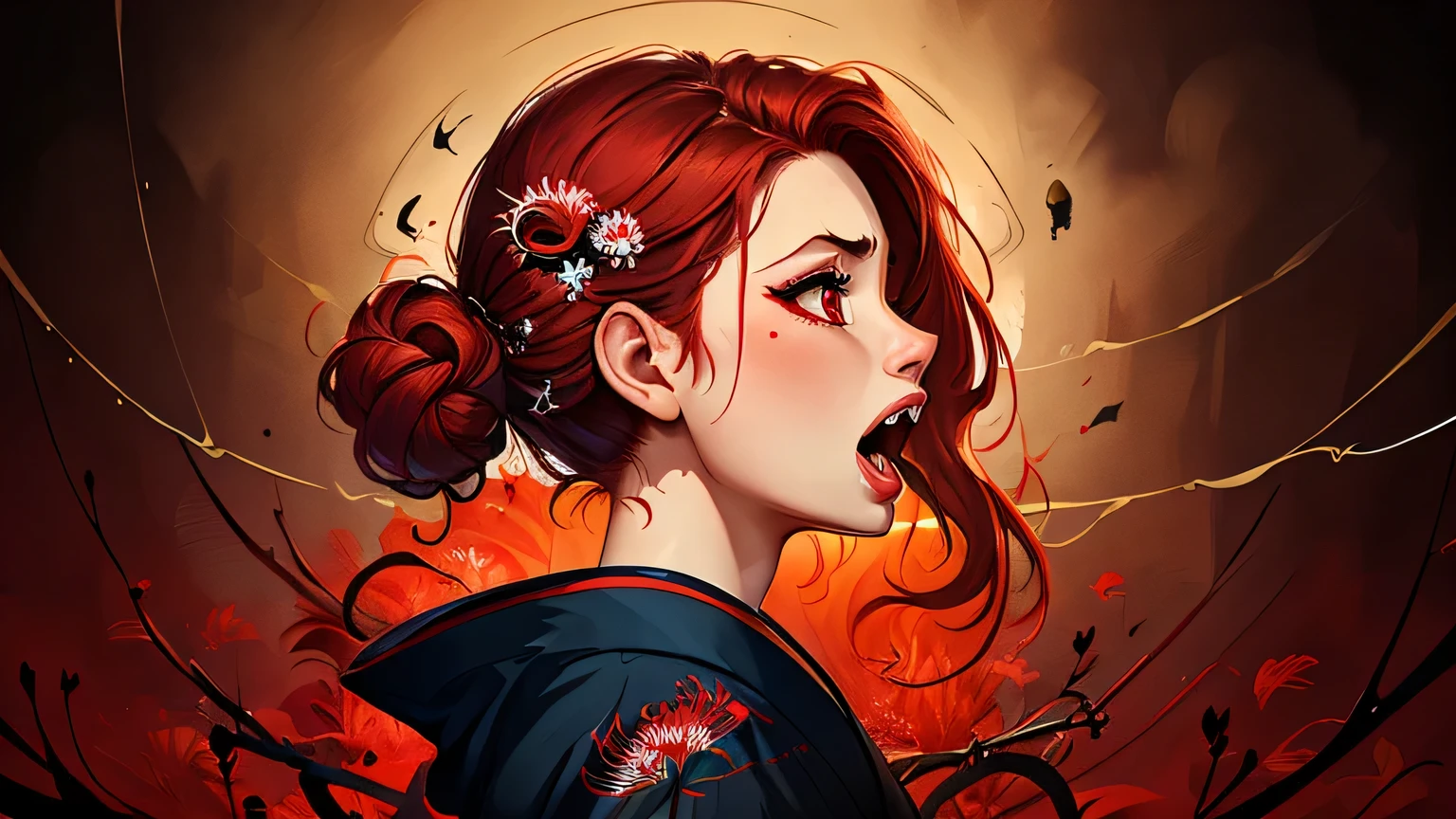 Masterpiece, top quality, artistic composition, beautiful design, creative aesthetic, layered textures, bold expression, spider lily background, woman, solo, reddish hair, red eyes, Japanese, stunning red lace and spider lily patterned kimono, portrait, open mouth screaming, close-up profile.
