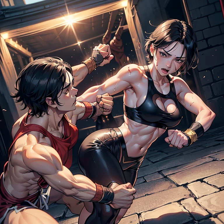 Two men and women fighting in a street fight。A female street fighter is overpowered by a man and is crying.。Covered in bruises。Bloody。shortness of breath。Drooling。Frightened expression。Running out of energy。Sweaty。Short black hair。Open Finger Gloves。Her clothes are ripped and her chest is exposed.。Denim shorts。Erect nipples。One eye closed。Leaning back。A man&#39;s fist hits a woman&#39;s face。