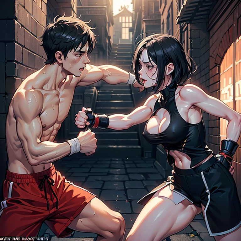 a male streetfighter is grabing a crying female streetfighter's hair and punching her body in the backstreet. a bloody beautiful Japanese female fighter is being beating terribly by a male fighter. She is cornered and has her back against the wall. Blood is dripping from her nose. She is covered in scars and bruises. she is damaged terribry. Short-cut black hair, out of breath, drooling from mouth, one eye closd, crying, exhausted, drenched in sweat. Erect nipples. open finger glove. bra-top, denim shorts
