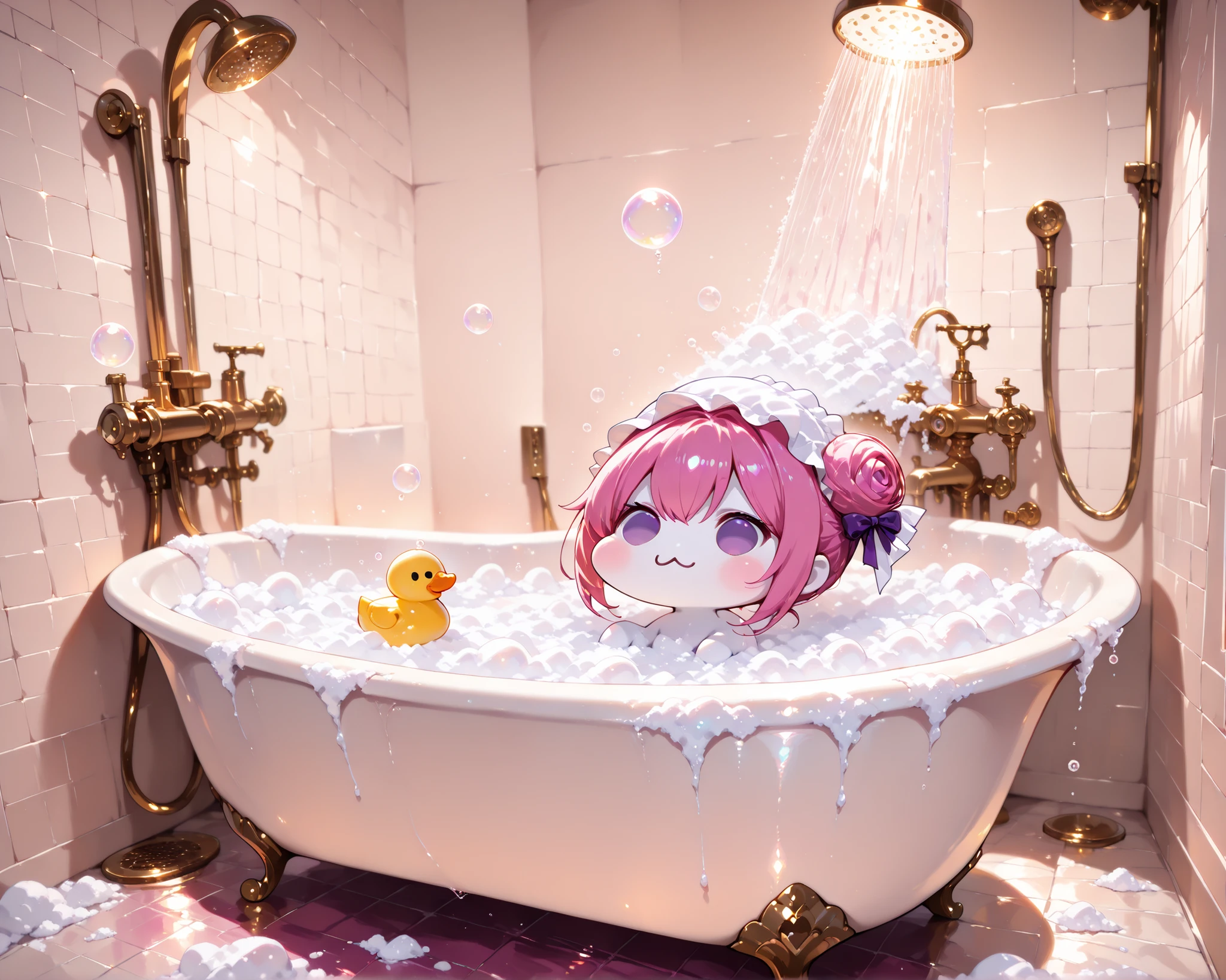 score_9, score_8_up, score_7_up, score_6_up, score_5_up, source_anime, (((absurdres))), (((128K Ultra High Resolution))), (masterpiece, best quality: 1. 5), (high definition: 1, 5), (((highres))), 8K wallpaper, (excellent graphics: 1. 5), CG, (best illustration, highly detailed artwork: 1. 5), (hyper realistic: 1. 5), ((cinematic lighting)), (intricate detail, extreme detailed, super detailed, exquisite details: 1. 5), (beautiful & aesthetic: 1. 5), (((photoreal))), (((very gorgeous & dazzling))), (((solo))), (1 Doro: 1. 5), (cute Doro, small size Doro: 1. 5), Doro, creature, :3, (((chibi))), (((pink hair, purple eyes, hair bun, hair bow, four legs, white skin, solid circle eyes, no pupils, no tail, no eyebrows, no nose, no ears, soft texture))), (pure white body, pure white skin, pure white face:1. 5), (small head: 1. 3), (((Doro sits in a bubbly bath & wears a cute shower cap))), (Doro splashing in a luxury clawfoot bathtub filled with foam soap & soap bubbles, Doro covered in bubbles in the bathtub: 1. 5), (soap bubbles float around Doro, a rubber duck floats nearby Doro: 1. 5), (((Doro looking relaxed during a bath))), (bathroom is decorated with marble walls & gold fixtures: 1. 5), ((focused on Doro, wide angle, wide-angle view of a bathroom)), (((happy moments))), (natural light, hyperrealistic, detailed & realistic background: 1. 5)
