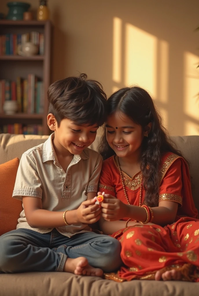 18 year old beautiful Sister smiles while tying Rakhi on her brother's wrist generate a beautiful image