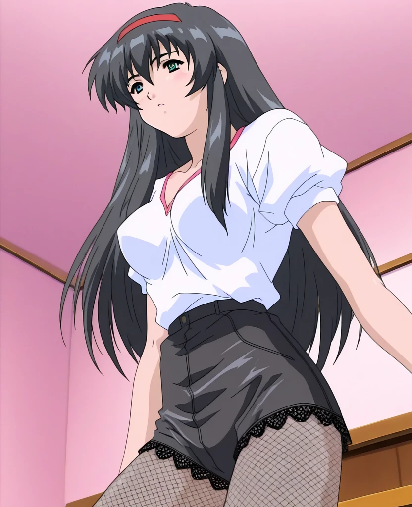 Best Quality, masutepiece, 超A high resolution, (Photorealistic: )2D official style cel animation、[Ayatsuji　manage　amagami]　in school uniform、a miniskirt、Lace Bra、Skirt combing、Lace panties,teats,tits out、Black hair straight、white line on skirt、In front of the station