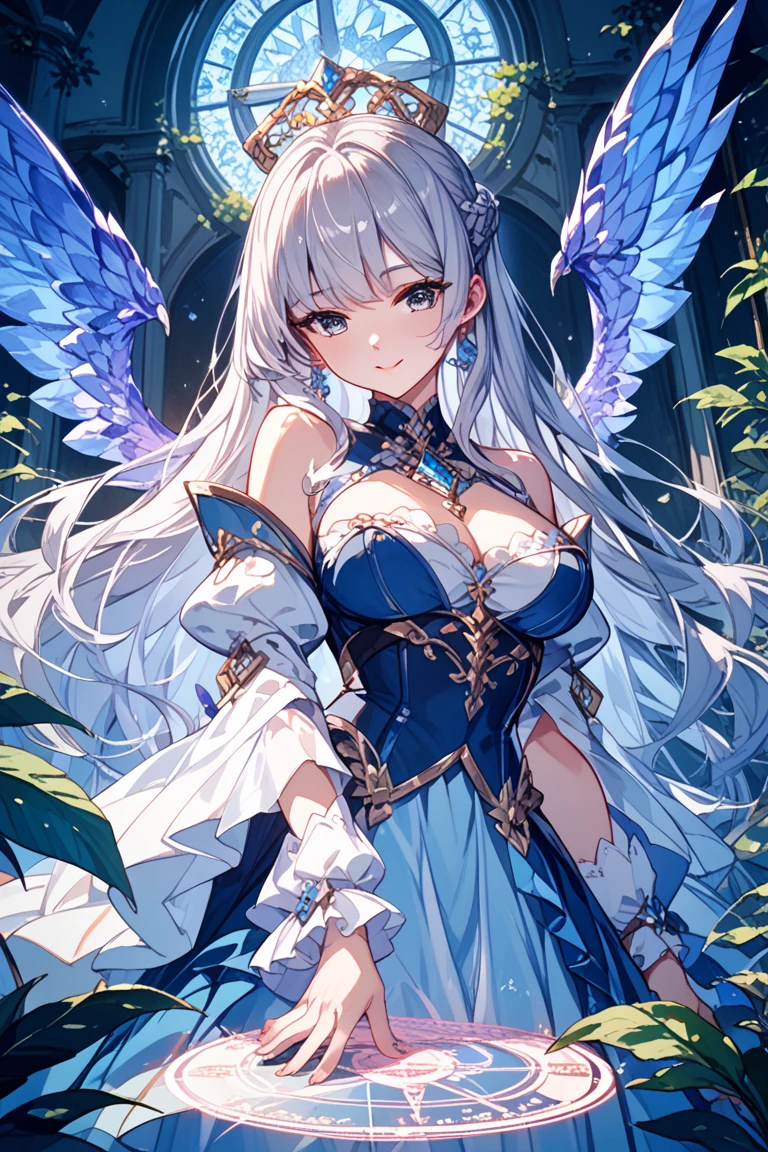 (Highest picture quality),(Master's work), (ultra-detailed),(Detailed eye description:1.2),(floating colorful wind:1.4),(upper body:1.5),(manny colorful butterfly:1.3),(clouds sea),(cleavage),(movie poster:1.5),(Tarot border:1.4),a girl dress,(white armor:1.3),(blue ribbon:1.2),(water magic:1.2),(medium breasts),(thigh bands),(white hair:1.3),(high twintails),the portrait is centered,(from below:1.1),(close-up:1.2),(looking to the side:1.3),(chaotic geometric images:1.3),(nagative space:0.8),(drawing board:1.3),(huge crystal ball:1.5), (halo:1.3),(squinting:1.3) (ether colorful ink flowing:1.3), <lora:asoulEileen_v10:0.4>