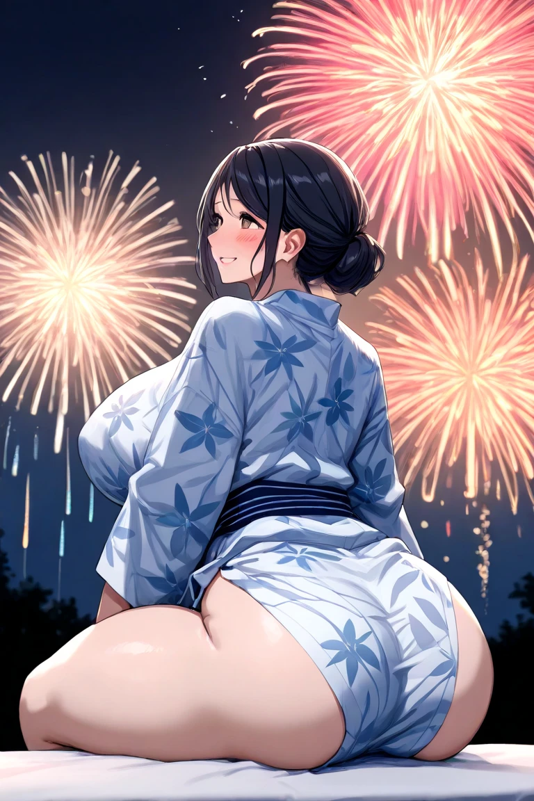 Hime cut with long black hair、Full-body illustration of a girl with straight bangs and blue eyes、Have big breasts、Wearing a yukata、Watching the fireworks explode、Smoking a cigarette、