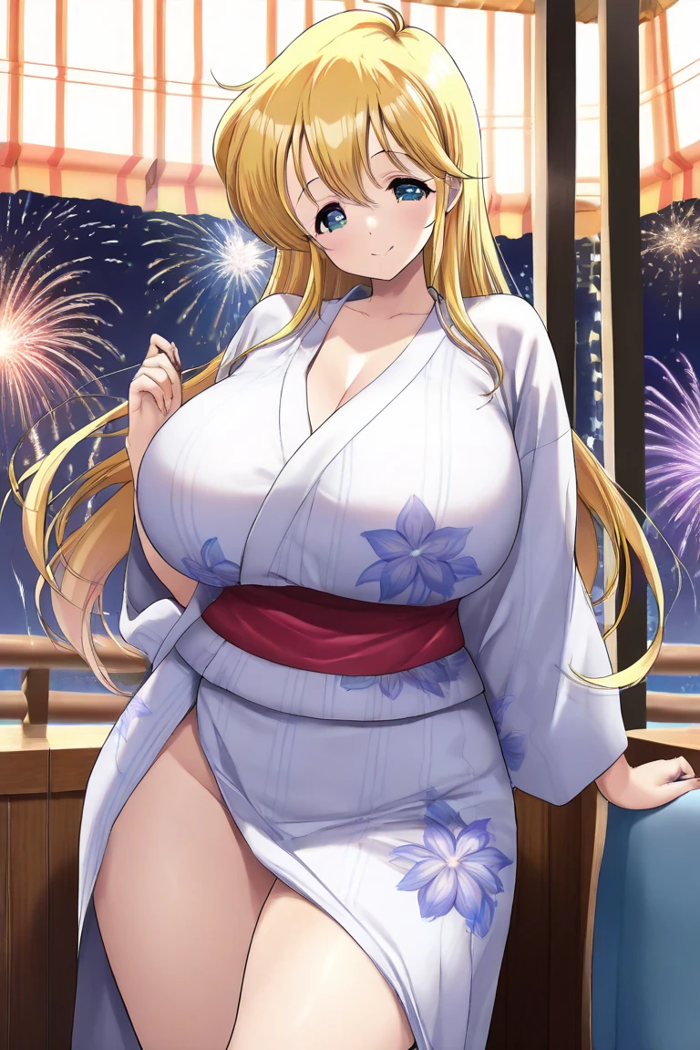 ((One personの女性)), Beautiful Face,(Laughing embarrassedly), (naughty face:1.2), ((Wink:1.9)), (head tilt:1.3), Laughing with your mouth open, upper teeth, ((full-face blush:1.1)),Glossy pink lips,sit, ((spread legs:1.1)), ((showing white thong)), ((female masturbation:1.6)), ((love juice:1.4)), ((thigh focus)), looking down at viewer, Shining Face, night, Observatory, Festival decorations, firework, ((Anime style background)),masterpiece, Highest quality, so beautiful,up to date, Complex details, (Pink long nails),(ring),(bracelet),(choker),AI-generated, Complex,High resolution, Highest quality, super high quality,3D Images、3D Images,One person,Long blonde hair,ponytail, wavy hair ,Anime woman posing for a photo, ((Fine grain、Turquoise Eyes、Shining Eyes:1.3)), (Squint your eyes:1.1),a hyperRealistic , hyperRealistic , Realistic,Anime woman with long white hair, Smooth anime CG art, A woman in a colorful kimono with gold embroidery, (Pink long sleeve kimono),Red floral pattern,Long flower hair ornament,Earrings,Mature Body,(Big Breasts:1.1),Tall,Abdominal muscles,Tight waist,(Zoom up to face:1.1), ((from the side and slightly from below)),