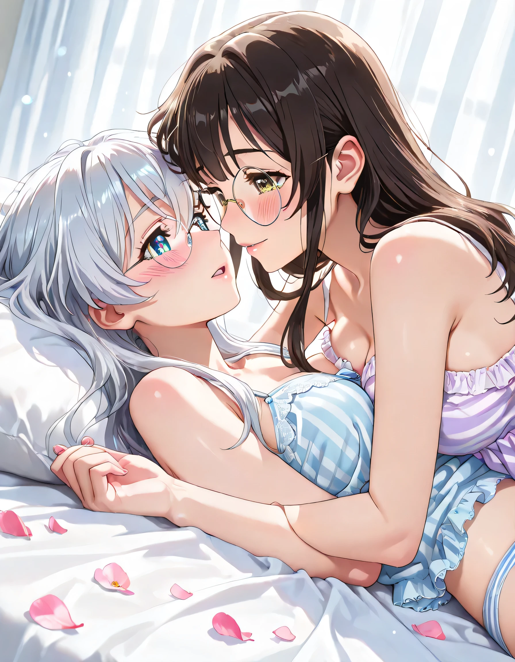 breast curtains， Porcelain dress， Areola transparent slip dress， （best qualityer：1.0）， （8k wallpaper：1.0）， Extremely Delicately Beautiful， （Beautiful detail face：1.0）， （Detailed deep eyes）， Symmetrical breasts， Deep eyes， steamy， shiny skins,(Tongue out:1.2),Scared:1.3，（Looking up），Bedroom at night，necklace，Messy clothes, (Cry: 0.7), Open mouth, saliva, throat, tongue sticking, hanging pulation, Invitation to, Inside the mouth, two girls, laying on a bed, mermaid, mermaid tail (Detailed Mermaid Tail: 2.0), lower body is fishtail, tail with fish scales, jewel-like eye (eye detail), bangs, long curly hair, sparkling, pearl jewelry, flowers, beautiful face, blue eyes, shell, shimmering white, lesbian, lesbian intercourse, lesbian kiss, kissing, fingering, rubbing, blushing, intimate moment, breast pressing, kissing with tongue, nipple stimulation, embarrassed, drooling, saliva, nervous, laying down, transparent, short skirt, white color, black hair, white hair, white fishtail, orgasm, beautiful fishtail, transparent fins, pleasuring each other, visible mermaid tail, cuddling with each other, hugging each other, laying on top of each other, breastfeeding, licking tits, hands rubbing on the tail, sexy poses.
