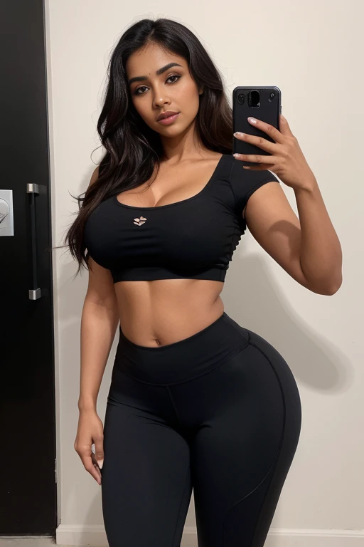 lylapo, curvy body ,enormous, sexy woman taking a selfie in a mirror with black iphone, fit , sexy body, perfect body, blonde, wearing crop top and short_Leggings, perfect hands and fingers, in a livingroom