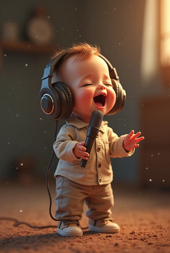 Draw me a picture of a chubby boy holding a microphone learning to sing for his parents.