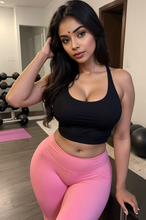 (best quality,highres,ultra-detailed),Kim Kardashian, brightly lit gym,energetic atmosphere,vibrant colors,ideal body,natural makeup,athletic wear,fitness motivation, piercing through a transperent wet t-shirt,