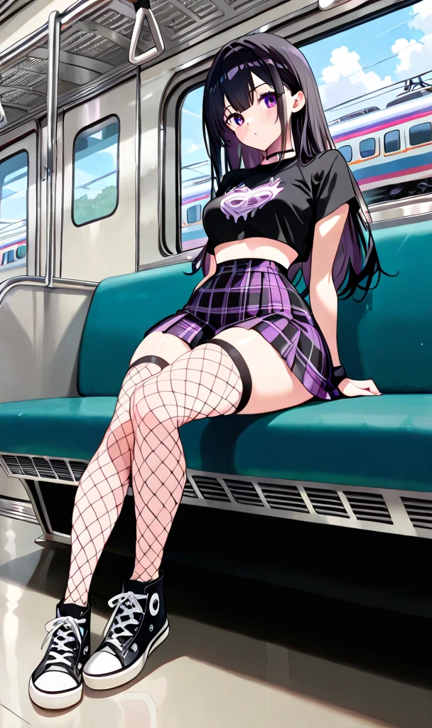 cyberpunked、On the train、Girl sitting next to the viewer、独奏、hi-school girl、purple color  hair、Medium hair、Green eyes、emphasizing thighs、knee high、Happy smile