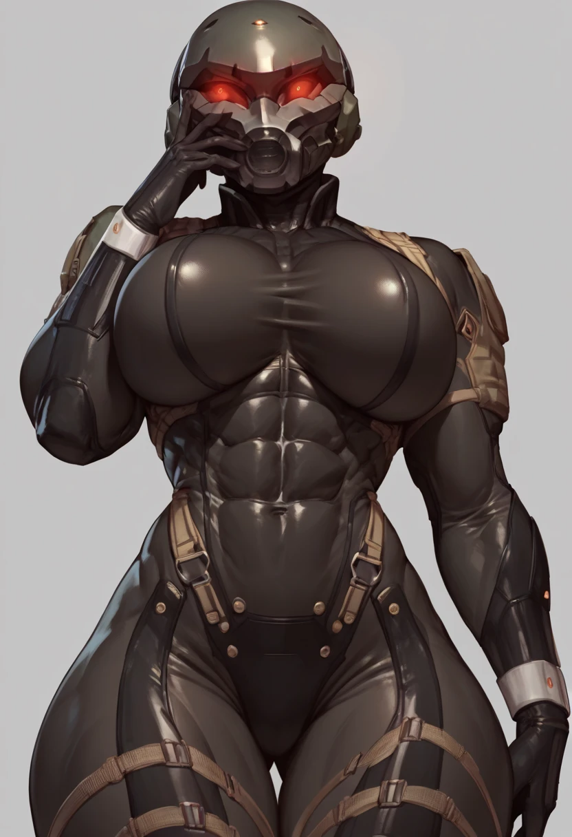 (masterpiece, best quality:1.2), 1girl, solo, mature, 100facehassan, fate, (dark grey skin:1.1), (wearing mask, black eyes:1.2), long hair, purple hair, ponytail, blank expression, gold jewelry, large breasts, pants, toned, navel, abs, hoop earrings, halterneck, black background, simple background <lora:100FHASSAN-15:0.9>