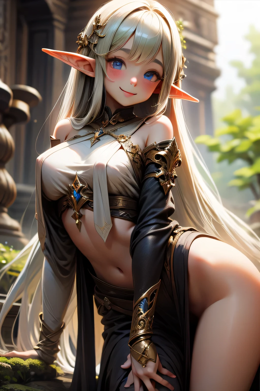 1 girl, Beautiful elf lady, sliver-white Long straight hair, upturn elf pointy ears, sexy figure, charming cleavage, very beautiful face, detailed face, delicate eyes, detailed pupil, beautiful and delicate lips, pale skin, Serious, arrogant, absurd, gorgeous detailed dress, royalties, celebration, elegant, Noble, Bare shoulders, small crystal earrings, hand drawn animation, high detailed, palace banquet hall, symmetrical clothes, best quality, masterpiece, Fair,