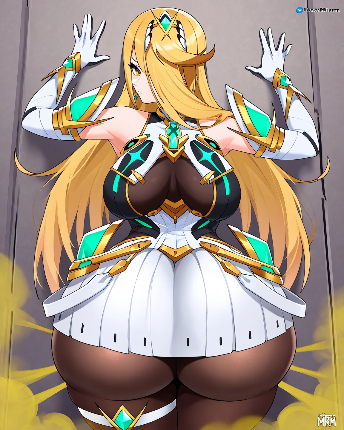 <lora:hikarimythraV1:0.8>,hikarimythra,1girl,blonde hair,very long hair,swept bangs,yellow eyes,green earrings,green gem tiara,tsundere,blush,
green chest jewel,bare shoulders,green neon trim white elbow gloves,large breasts,green neon trim cleavage cutout white short dress,bare legs,green gem thigh strap,streamlined back-skirt panels,green neon trim white footwear,squatting,hands on thighs,purple panties,spread legs, nsfw, Exquisite visuals, high-definition,masterpiece,best quality,Exquisite visuals,high-definition,masterpiece,best quality,18yo,Young female,Beautiful Fingers,Beautiful long legs,Beautiful body,Beautiful character design,