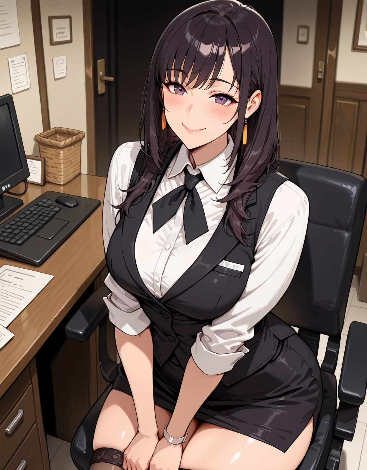 masterpiece, best quality, expressive eyes, perfect face, highly detailed, intricate detailed, atmospheric perspective, solo, 1mature seductive woman lean on desk, alluring pose, brown semi long hair, neckless, business suit, checked vest, blouse, black pencil skirt, tight mini skirt, cleavage, pantyhose, spread legs, panties, curvy, thighs, calm smile, office room, at night,