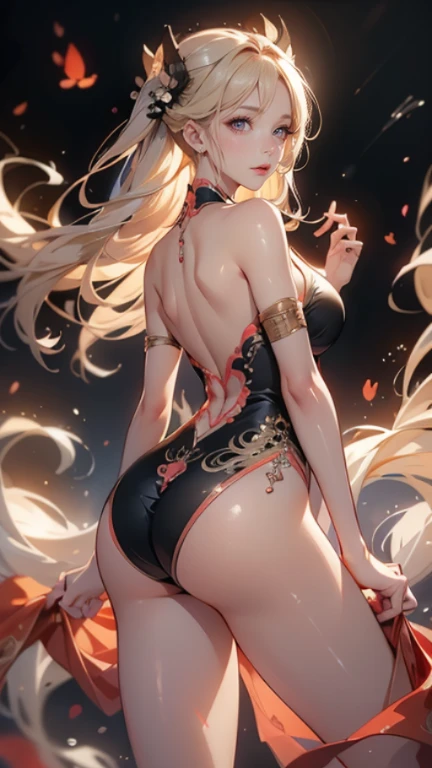 (masterpiece, best quality) detailed, Wearing black tights, Blonde ,elegant, (Fox ears),Red Eyeshadow, ,Chinese element pattern,thigh,漏出thigh,Large Breasts,Deep V one-piece swimsuit