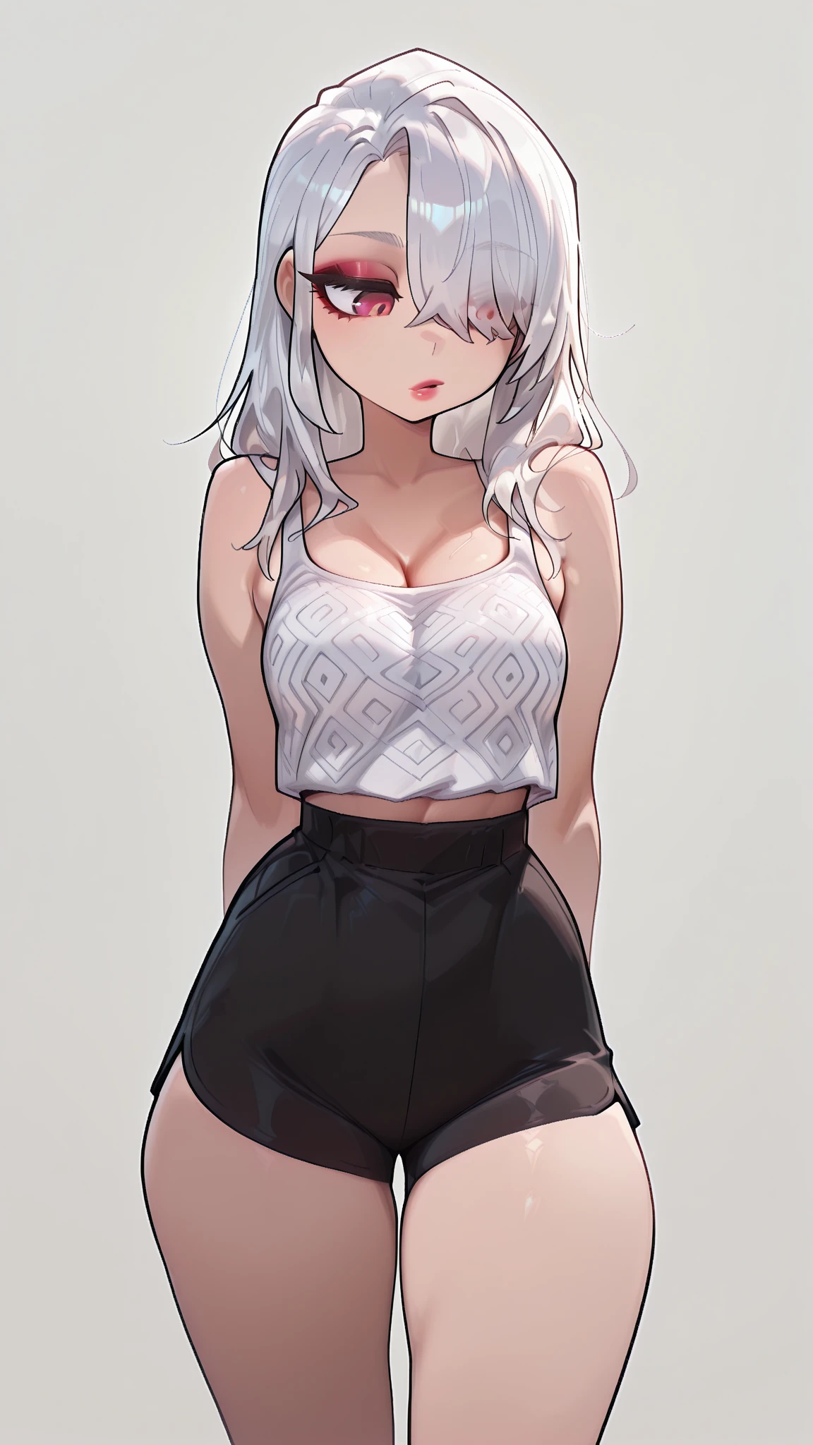 白いbraとパンティを着て写真のポーズをとる女の子，Place your arms behind your back，Full Body Lesbian，Cropped T-shirt and、bra，The body is slim，Large Bust，Slim Girl Model，24 year old female model，Long Hair，Single Ponytail