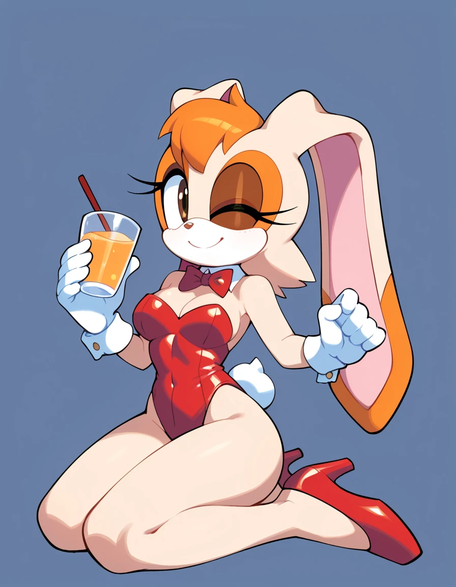 masterpiece, best quality, (uploaded on e621), (((by pakwan008, by chadthecartoonnut, by avante92))), vanilla the rabbit, 1girl, solo, looking at viewer, smile, simple background, gloves, bow, holding, bare shoulders, closed mouth, tail, full body, one eye closed,  white gloves, bowtie, red bow, high heels, leotard, cup, bare legs, rabbit girl, kneeling, strapless, makeup, , highleg, playboy bunny, happy, red footwear, rabbit tail, red bowtie, furry, highleg leotard, eyeshadow, strapless leotard, rabbit ears, animal nose, brown eyes, animal ears, furry female, sonic the hedgehog \(series\), orange hair