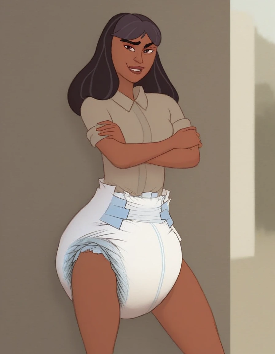 Brazilian Latina in yellow shirt lifting her blue skirt showing her big white cotton panties, photo realistic art style, detailed wrinkles