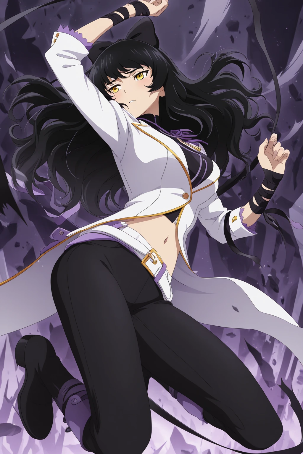 ((best quality)), ((highly detailed)), masterpiece, ((official art)), detailed face, beautiful face, (detailed eyes, deep eyes), (1girl:1.33, solo), full body, <lora:midnightMyHeroAcademia_v10:1>, midnightmha, boku no hero academia, purple hair, very long hair, sky blue eyes, smile, white bodysuit, black breastless corset, thighhighs, thigh boots, (red domino mask), red belt, handcuffs, belt, garter straps, black high heel boots, (pink mist), (torn clothes)