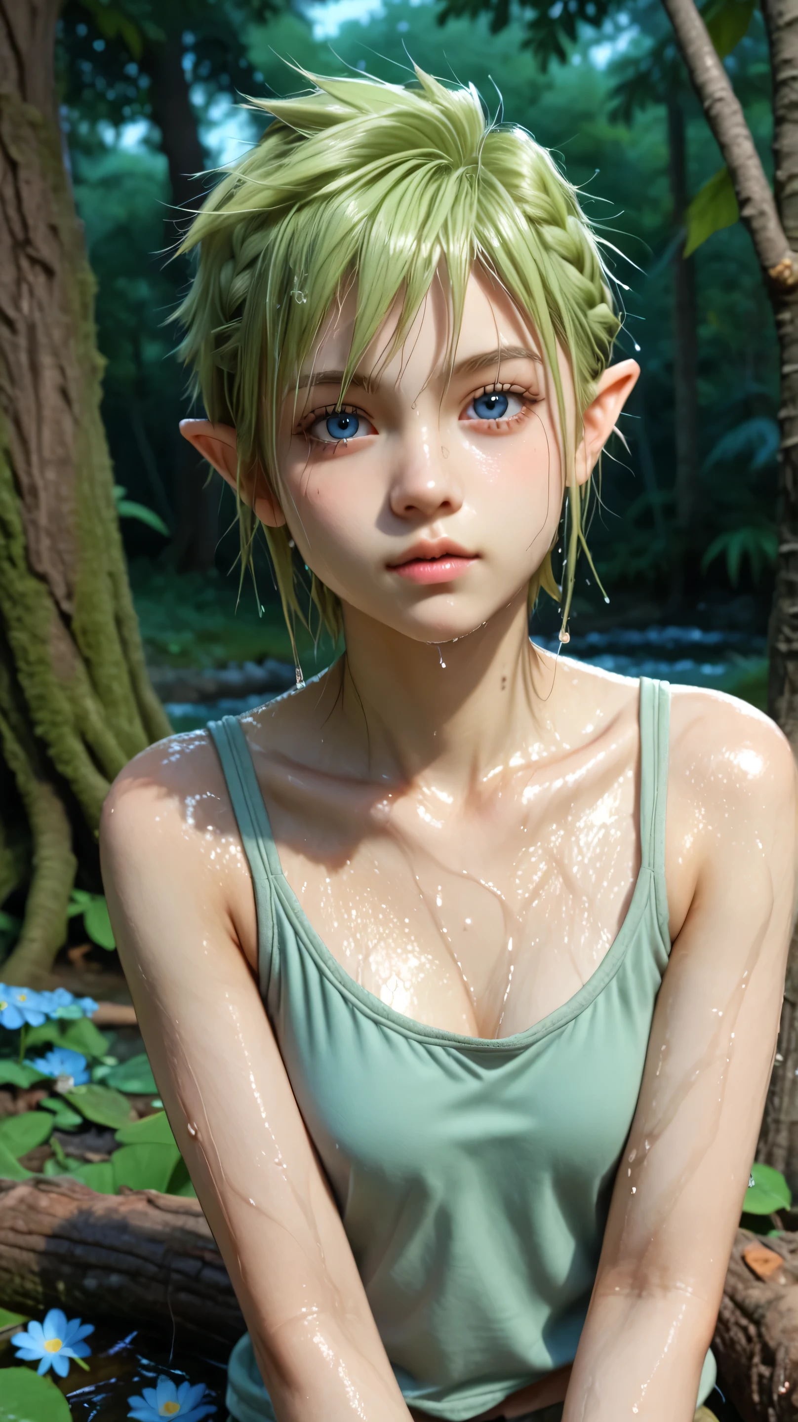 ((best quality)), ((masterpiece)), (detailed), perfect face (((masterpiece, of the highest quality, super detailed))), beautiful small breasts, (((flat chest:1.1))), (((( Highly detailed face))), small thin nose, Small thin lips mouth, (((Very sharp focused eyes))), Very large slit precision pale grey eyes that shine like jewels. (looking here), (((embarrassed))), (blush), ((dark hair)), wet hair, ((long ponytail, thick ponytail, heavy ponytail)), very long eyelashes, white background,front lightsource, topless, bare top, wet skin, Detailed body, prominent collarbones, (narrow hips), ((NSFW)), wild environment, jungle, nature, pond, emerging from water