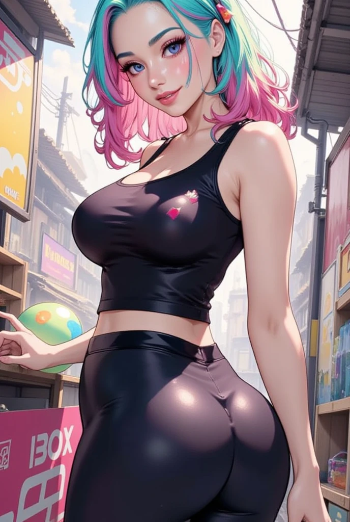 A bright pink haired elf wearing a tight-fitting pure white sports bra:1.5、Pink eyes:1.5、Perfect eyes、upward-eyed、Beautiful in every detail、Beautiful in every detail、beautiful eyes highlights)、

(Huge breasts:2.0)、Puffy nipple、Milk Away)、((Fat))、Narrow waist,wide-hips,athletic bodies,inflated legs,delicate detailed fingers,Detailed body,detailed arms,, Detailed hand),

(((Lustrous skin:1.5,bright skin: 1.5,skin tanned,Shiny skin,Very shiny skin,Shiny body,plastic glitter skin,exaggerated shiny skin))),(,Narrow waist,wide-hips,athletic bodies,inflated legs,delicate detailed fingers,Detailed body,detailed arms,Human Hands, Detailed hand),

Cute,sluttish、Prostitutes,Seductive,Erotic,NSFW, 

zettai ryouiki,Revealing clothing,Show skin、(((Shining heart tattoo on crotch and stomach)))、(((Cameltoe))),((((underboob)))),((sport tiny bra white, neon pink sports thong,Visible neon pink lace straps)),(wear pure white sportswear:1.3,White sportswear,seminude,Wearing a slightly dull neon pink outfit,Detailed neon pink costume),

(posterior view:2.0), embarrassed, Centered, scale to fit the dimensions, thirds rule,

Outdoors, ((Night view)), (Neon light background: 1.5,dark sky,alleyway,Lonely alley,Thick clouds, Detailed background:1.25),

(Best Quality), (High resolution), (((posterior view)))、(Sharp Focus), (ultra-detailliert), (Extremely detailed), (Very high quality artwork), in 8K_Wallpaper, (High definition CG 8K),(extremely detailed 8k CG), ((hyper super ultra detailed perfect piece)), perfect masterpiece))), illustratio、 Vibrant colors,  (Convoluted), High contrast, Selective lighting, double exposure, nffsw (High dynamic range), Post-processing, Background blur,