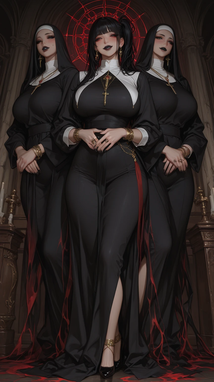 Dynamic shot, ((3 females)), A picture of (2 beautiful succubus girls) and (1 sexy nun) on a leash, ((2 demon girls and a nun)), nun, demons, beautiful demon girls, dark, sexy, nun on a leash, (golden leash), collar, horror, dark, beautiful bodies, slim, horror style, highly detailed faces, stockings, leather tight boots, from below,