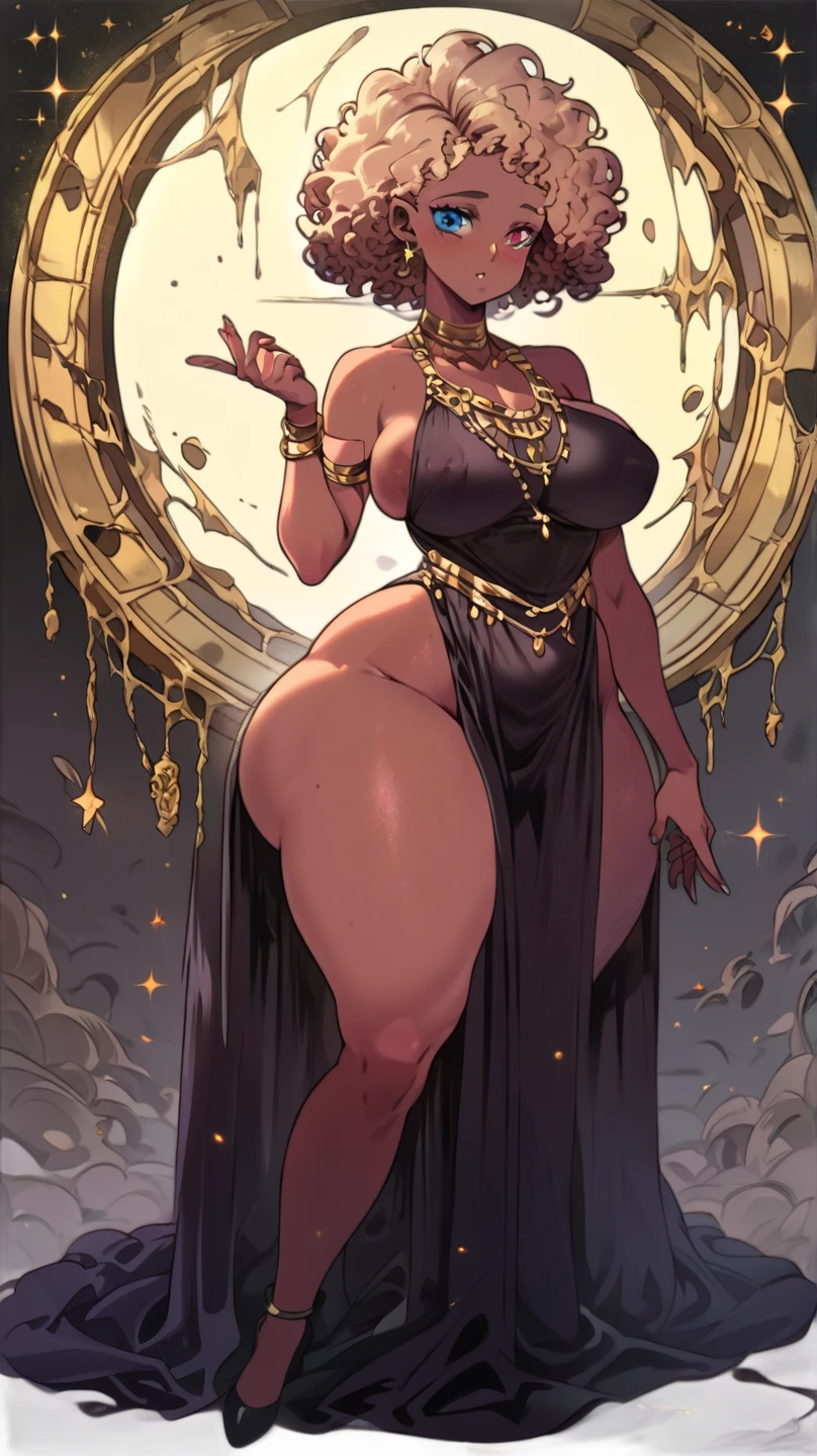 1girl, (((bimbo))), (dark grey skin:1.4), long black hair, yellow highlights in hair, (shining yellow eyes), (black sclera), ear rings, puffy lips, painted lips, thick lips, wide hips, thick thighs, enormous breasts, huge ass, revealing cleavage, erotic Smile face, bubble butt, Breasts, black robes, High heels, floating in space, holding a planet