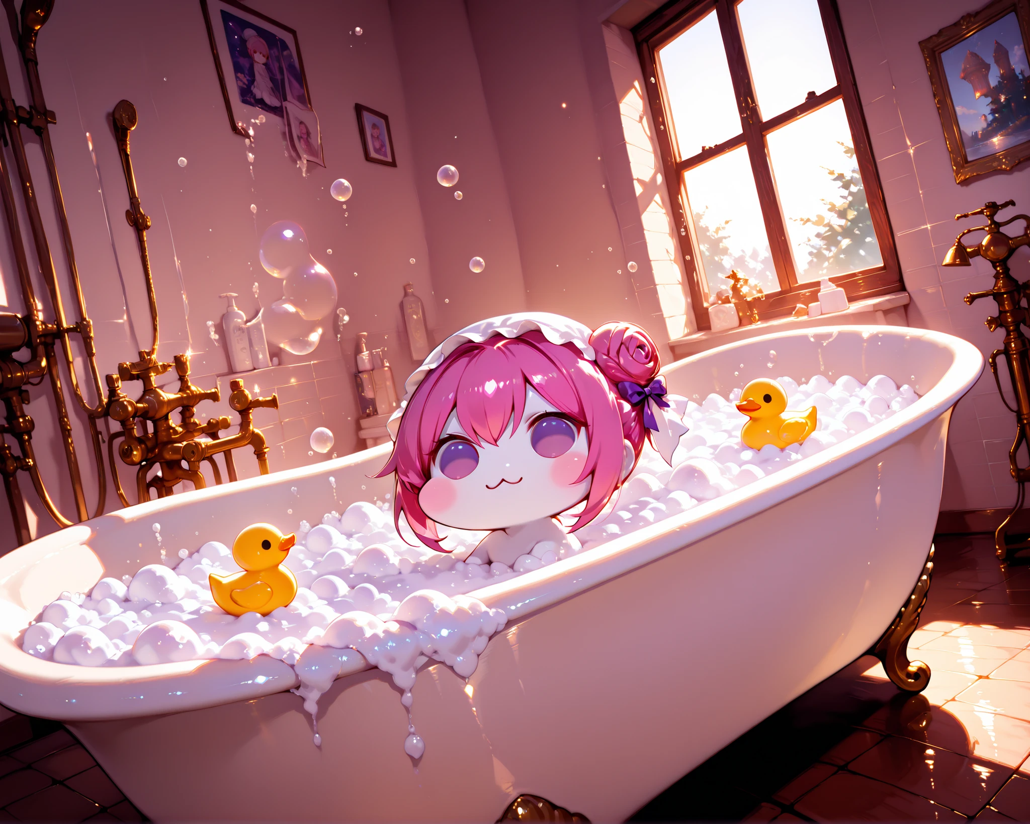 score_9, score_8_up, score_7_up, score_6_up, score_5_up, source_anime, (((absurdres))), (((128K Ultra High Resolution))), (masterpiece, best quality: 1. 5), (high definition: 1, 5), (((highres))), 8K wallpaper, (excellent graphics: 1. 5), CG, (best illustration, highly detailed artwork: 1. 5), (hyper realistic: 1. 5), ((cinematic lighting)), (intricate detail, extreme detailed, super detailed, exquisite details: 1. 5), (beautiful & aesthetic: 1. 5), (((photoreal))), (((very gorgeous & dazzling))), (((solo))), (1 Doro: 1. 5), (cute Doro, small size Doro: 1. 5), Doro, creature, :3, (((chibi))), (((pink hair, purple eyes, hair bun, hair bow, four legs, white skin, solid circle eyes, no pupils, no tail, no eyebrows, no nose, no ears, soft texture))), (pure white body, pure white skin, pure white face:1. 5), (small head: 1. 3), (((Doro sits in a bubbly bath & wears a cute shower cap))), (Doro splashing in a luxury clawfoot bathtub filled with foam soap & soap bubbles, Doro covered in bubbles in the bathtub: 1. 5), (soap bubbles float around Doro, a rubber duck floats nearby Doro: 1. 5), (((Doro looking relaxed during a bath, happy moments))), (bathroom is decorated with marble walls & gold fixtures, 1 showerhead: 1. 5), ((focused on Doro, wide angle, wide-angle view of a bathroom)), (natural light from window, hyperrealistic, detailed & realistic background: 1. 5)