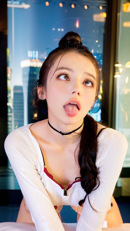 a close up of (1girl, solo, realistic) madisonbeer-smf in a red dress, (tipo de cuerpo pequeño:1.1), (petite body), multiple angles, tongue out, charli xcx, ava max, bella poarch, she looks like a mix of grimes, charli bowater, sexy look, billie eilish, madison beer as leeloo, portrait of kim petras, 18 years old, the super hot and sexy, looks a blend of grimes
