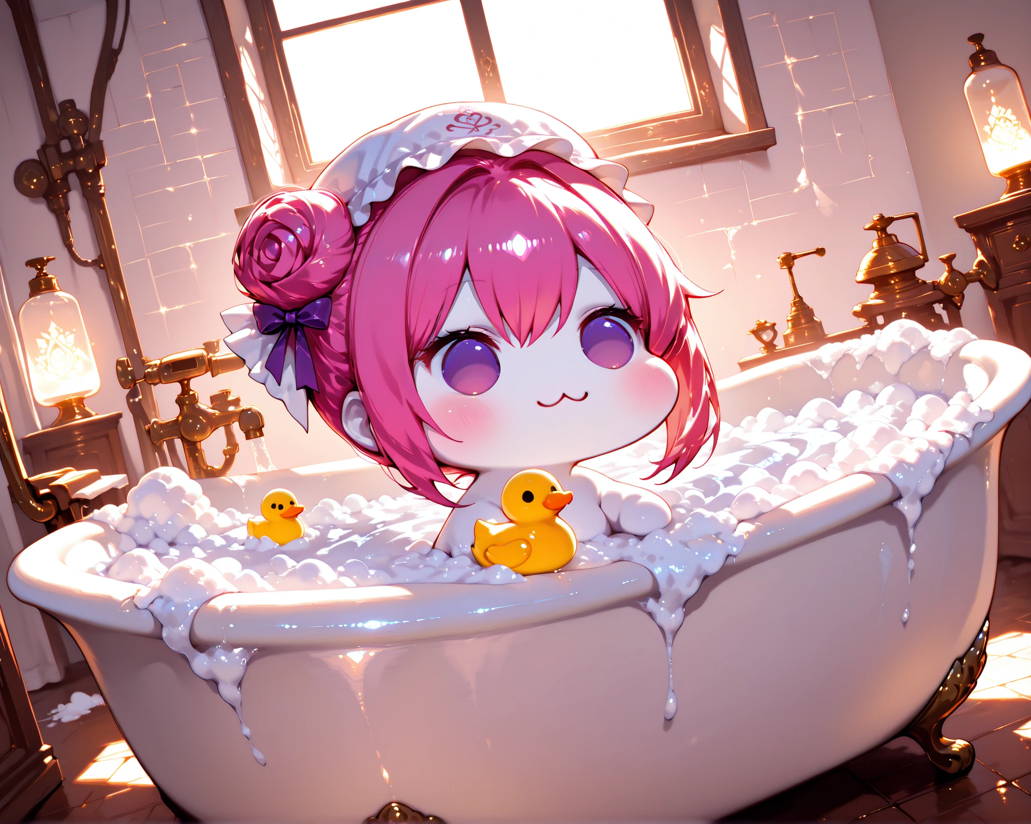 score_9, score_8_up, score_7_up, score_6_up, score_5_up, source_anime, (((absurdres))), (((128K Ultra High Resolution))), (masterpiece, best quality: 1. 5), (high definition: 1, 5), (((highres))), 8K wallpaper, (excellent graphics: 1. 5), CG, (best illustration, highly detailed artwork: 1. 5), (hyper realistic: 1. 5), ((cinematic lighting)), (intricate detail, extreme detailed, super detailed, exquisite details: 1. 5), (beautiful & aesthetic: 1. 5), (((photoreal))), (((very gorgeous & dazzling))), (((solo))), (1 Doro: 1. 5), (very cute Doro, small size Doro: 1. 5), Doro, creature, :3, (chibi: 1. 5), (((pink hair, purple eyes, hair bun, hair bow, four legs, white skin, solid circle eyes, no pupils, no tail, no eyebrows, no nose, no ears, soft texture))), (pure white body, pure white skin, pure white face:1. 5), (small head: 1. 3), (((Doro floats on a bubbly bath, Doro wears a cute shower cap))), (Doro splashing in a luxury clawfoot bathtub filled with foam soap & soap bubbles, Doro covered in white bubbles in the bathtub: 1. 5), (soap white bubbles float around Doro, a rubber duck floats in the bathtub: 1. 5), (((Doro looking relaxed during a bath, happy moments))), (bathroom is decorated with marble walls & gold fixtures, 1 showerhead: 1. 5), (((focused on Doro, wide angle, wide-angle view of a bathroom))), (natural light from window, hyperrealistic, detailed & realistic background: 1. 5)