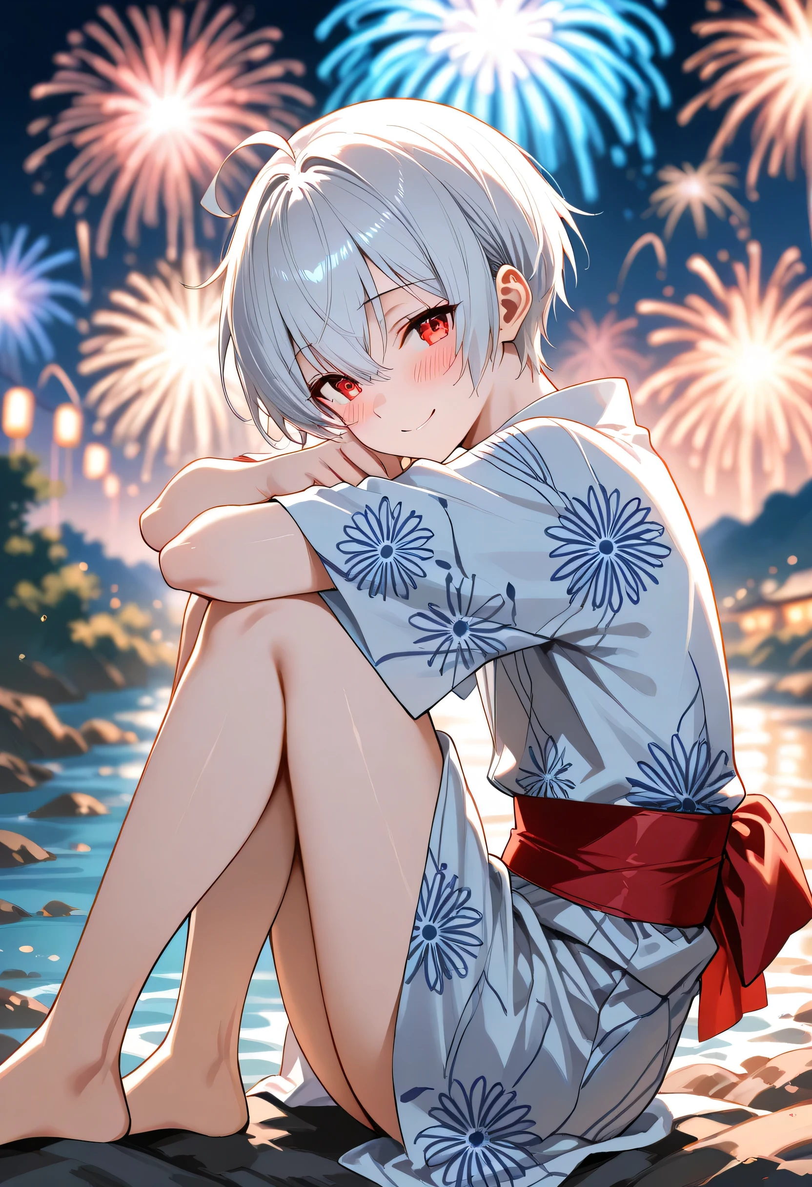 score_9, score_8_up, score_7_up, source_anime, masterpiece, solo, ((femboy)), ((feminine male)), ((Ahoge)), ((White very-short hair)), red eyes, yukata, skinny body, kind smile, blush, BREAK ((aerial_fireworks)), in the night, from side, hugging own legs, '((blurry background,)) ((riverbed)), looking at the viewer,