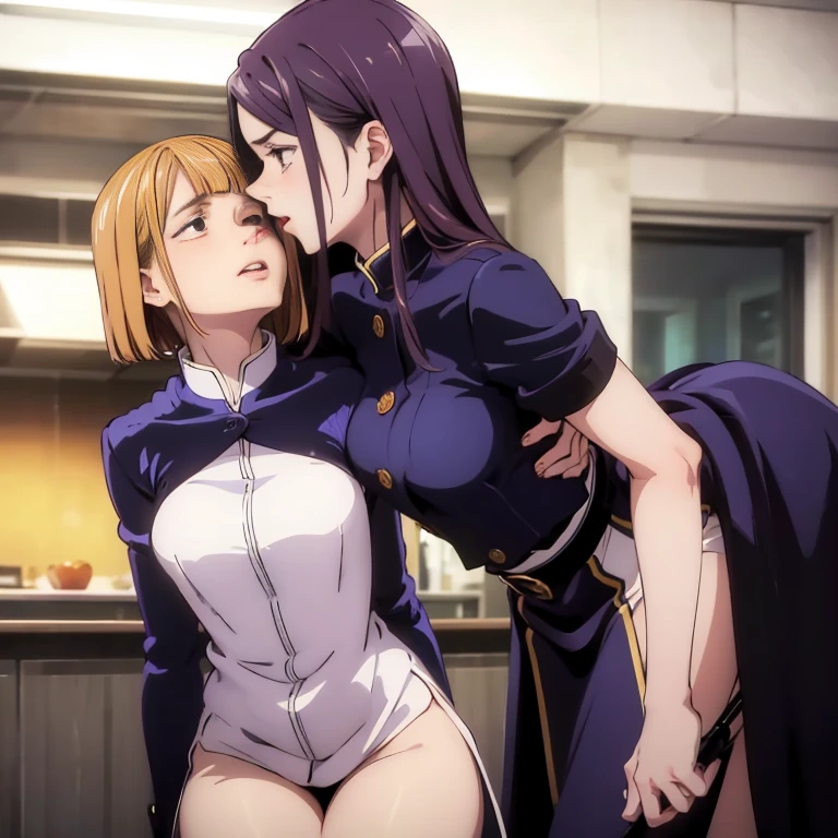 Cartoon characters with super white skin，Wearing a bold suit，Black on chest，Holding a bright purple sickle, Overlord Albedo, albed，nude:1.4,  From anime《Overlord》, Dark blue and white robe, Gapmoe Yandere Grimdark, Albedo Texture, Wearing a white robe!, Black and White Fitted Robe! Bleach anime world hollow background. Big tits character, and big ass.
