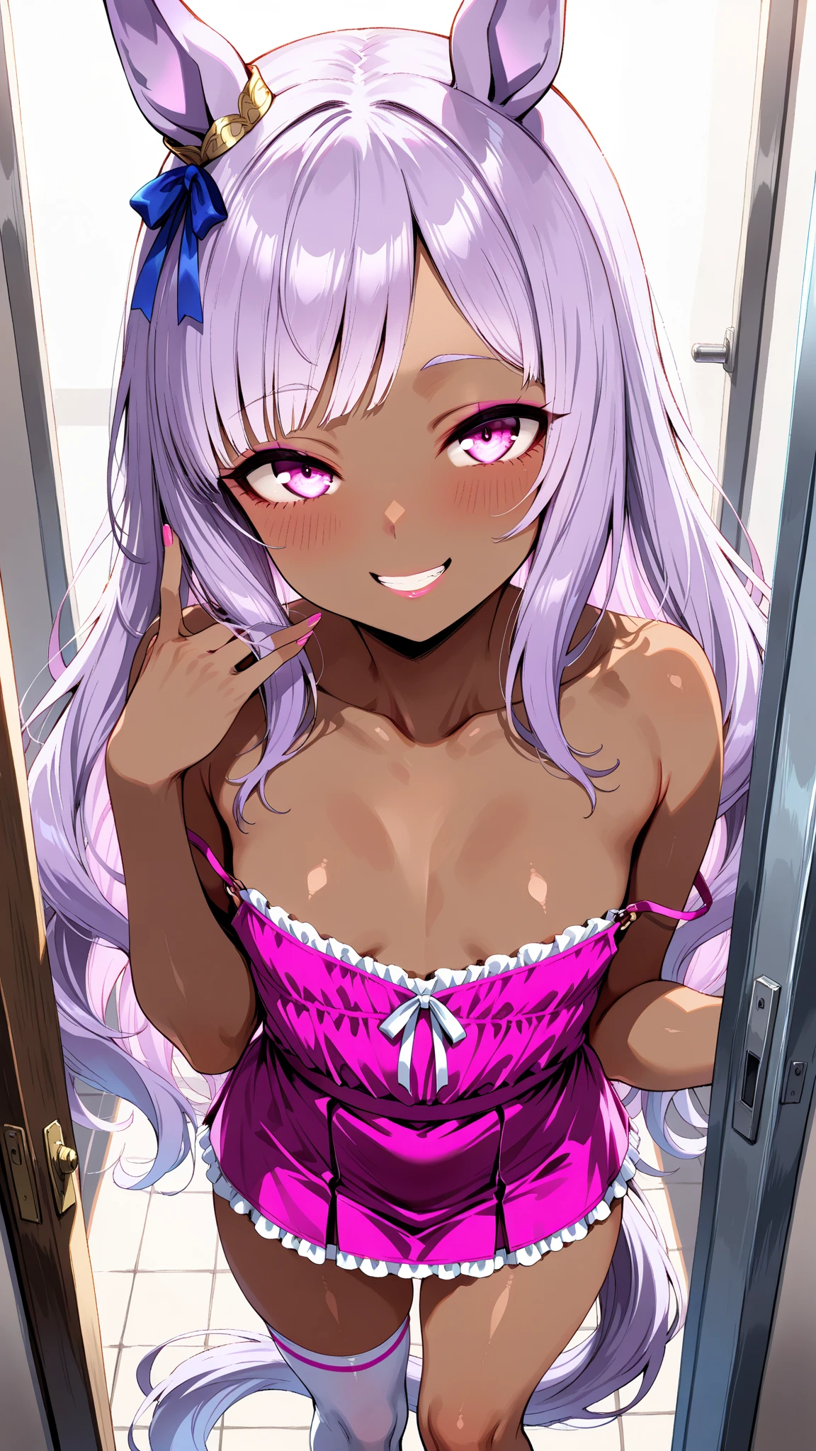 best quality,best resolution,(young :1.6),cat girl,small breasts,(pink hair :1.4),long hair,wavy hair,(brown neck fur :1.5),brown pubic fur,cat tail,( brown skin :1.6),green eyes,glistering eyes,sparkle eyes,black sexy lingerie,looking at viewer,full face blush,horny face,horny smile,heart eyes,heart expression eyes,upper body only,close up.two hands selfie,zoom in face,heavy breath,open mouth,heavy breath,sexy eyes,very close eyes,solo,lie on bed,high angle,front view