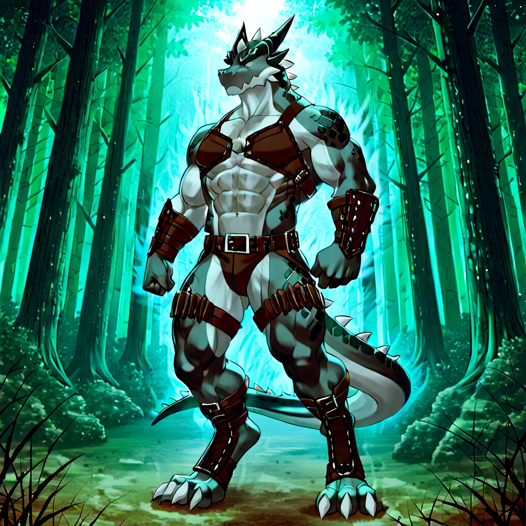 Gray skink lizard warrior,comic book style, illustration, solo, ferocious, male, [[proud pose]],, masterpiece, best art, armor, full body, digitigrade, by laobai, forest background, abs, loincloth, large back red fins, blue tail, lizard, scales on body, gray body, masculine body, godzilla head