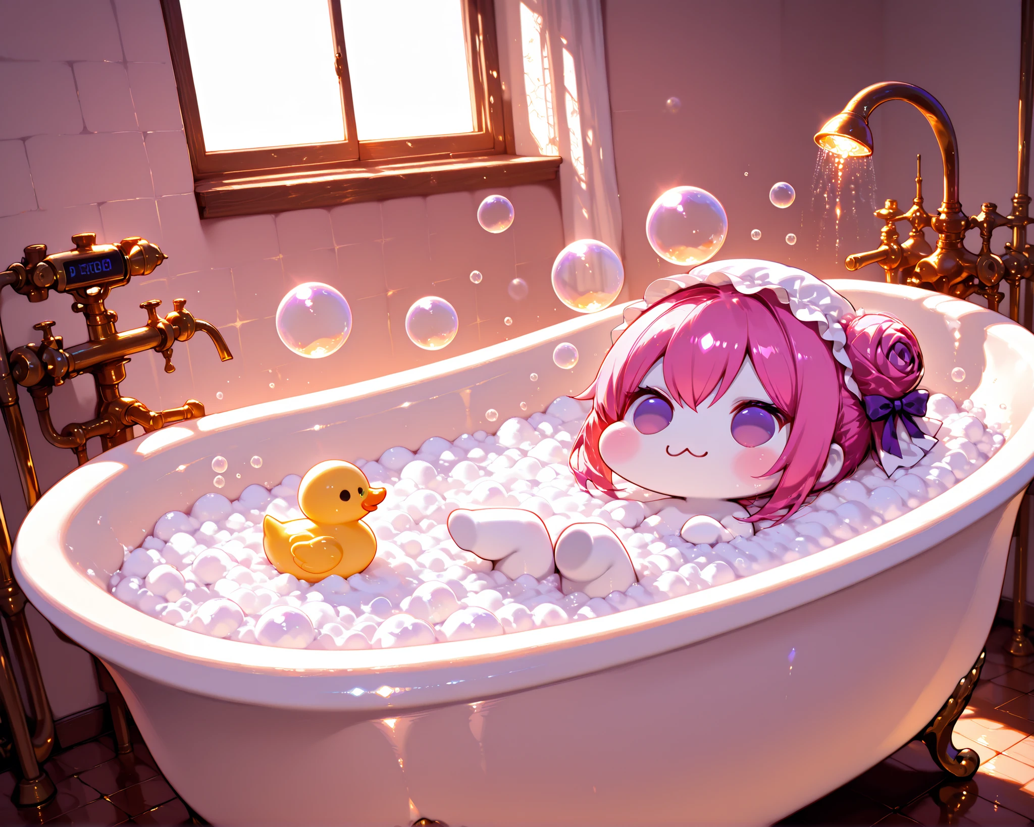 score_9, score_8_up, score_7_up, score_6_up, score_5_up, source_anime, (((absurdres))), (((128K Ultra High Resolution))), (masterpiece, best quality: 1. 5), (high definition: 1, 5), (((highres))), 8K wallpaper, (excellent graphics: 1. 5), CG, (best illustration, highly detailed artwork: 1. 5), (hyper realistic: 1. 5), ((cinematic lighting)), (intricate detail, extreme detailed, super detailed, exquisite details: 1. 5), (beautiful & aesthetic: 1. 5), (((photoreal))), (((very gorgeous & dazzling))), (((solo))), (1 Doro: 1. 5), (cute Doro, small size Doro: 1. 5), Doro, creature, :3, (((chibi))), (((pink hair, purple eyes, hair bun, hair bow, four legs, white skin, solid circle eyes, no pupils, no tail, no eyebrows, no nose, no ears, soft texture))), (pure white body, pure white skin, pure white face:1. 5), (small head: 1. 3), (((Doro sits in a bubbly bath & wears a cute shower cap))), (Doro splashing in a luxury clawfoot bathtub filled with foam soap & soap bubbles, Doro covered in bubbles in the bathtub: 1. 5), (soap bubbles float around Doro, a rubber duck floats nearby Doro: 1. 5), (((Doro looking relaxed during a bath, happy moments))), (bathroom is decorated with marble walls & gold fixtures, 1 showerhead: 1. 5), ((focused on Doro, wide angle, wide-angle view of a bathroom)), (natural light from window, hyperrealistic, detailed & realistic background: 1. 5)