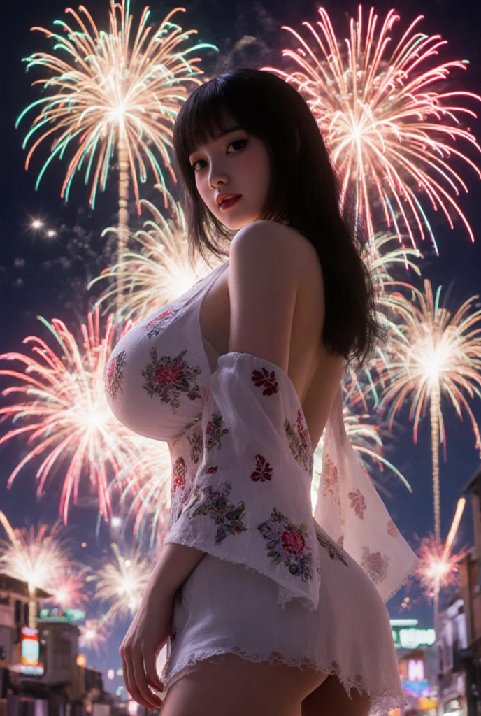 (((masterpiece:1.4, Best Quality:1.4, 8K, ultra high res, Physically Based Rendering))), Portrait, ultra Beautiful Sexy Woman, 24yo, Detailed large eyes, detailed thin eyebrows, Highlights in the eyes, (long straight hair with curled ends:1.3, bangs),((A strong wind blows up her hair:1.4)),  Highly detailed facial and skin texture, Clear focus:1.2, Slender beauty:1.4, ((gigantic breasts:1.8, breasts exposed:1.5)), Slim abs, narrow waist, (gentle smile:1.2, open mouth), (standing with spread legs wide:1.4), (dress lift:1.6), ((white halterneck tight knit dress, sideboob:1.8, off shoulders, sleeveless)), ((beautiful pussy exposed:1.2, pubic hair:1.5)), ((simple dark background, colored fireworks:1.9, on the water surface:1.4)),