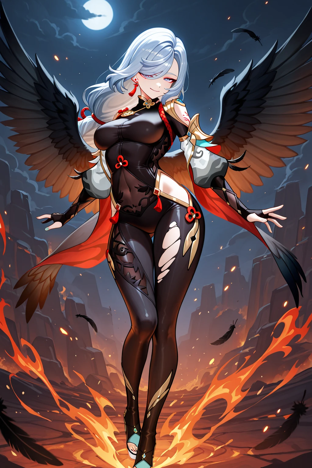 Red Phoenix , beautiful female, chubby, flames on body, huge wings, curly hair, flames, fire
