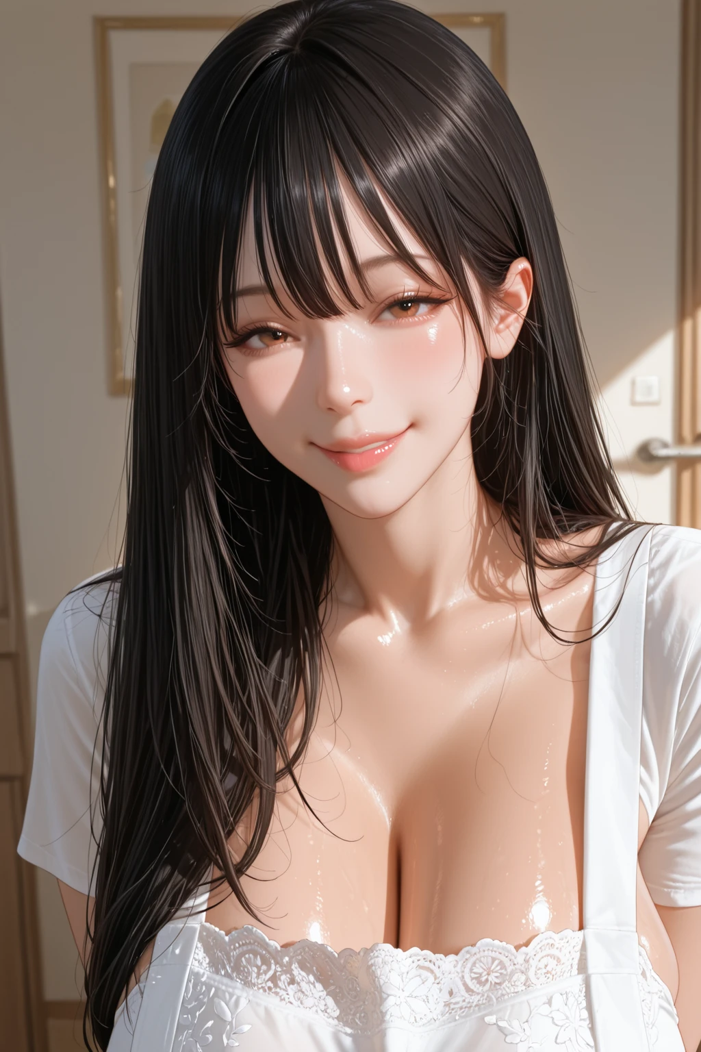 ((forehead))), (masterpiece, top quality), intricate details, 8k, artstation, Wallpapers, official art, splash art, sharp focus, 1girl,barefaced, ((black hair )), white eyes, smile, Sexy , big bust, Sexy, Sexy, big bust, beautiful body, hotel shower room, shower, nude, naked, nudity, with a strange expression