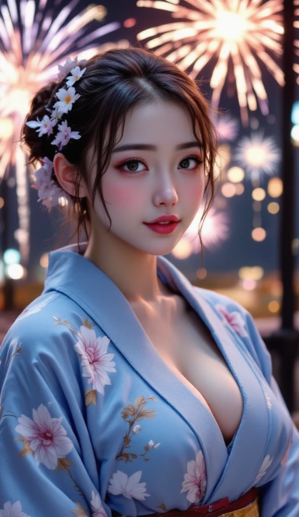 ((looking up at the fireworks:1.5)),((clothed:1.5),(japanese yukata:1.5)),(random hairstyle),(Thin type:1.5),(large breasts:1.5),(Highest image quality,(8K), Ultra-realistic, Best Quality, High quality, High Definition, high quality texture, high detailing, Beautiful detailed, fine detailed, extremely details CG, Detailed texture, realistic representation of face, masterpiece, presence)