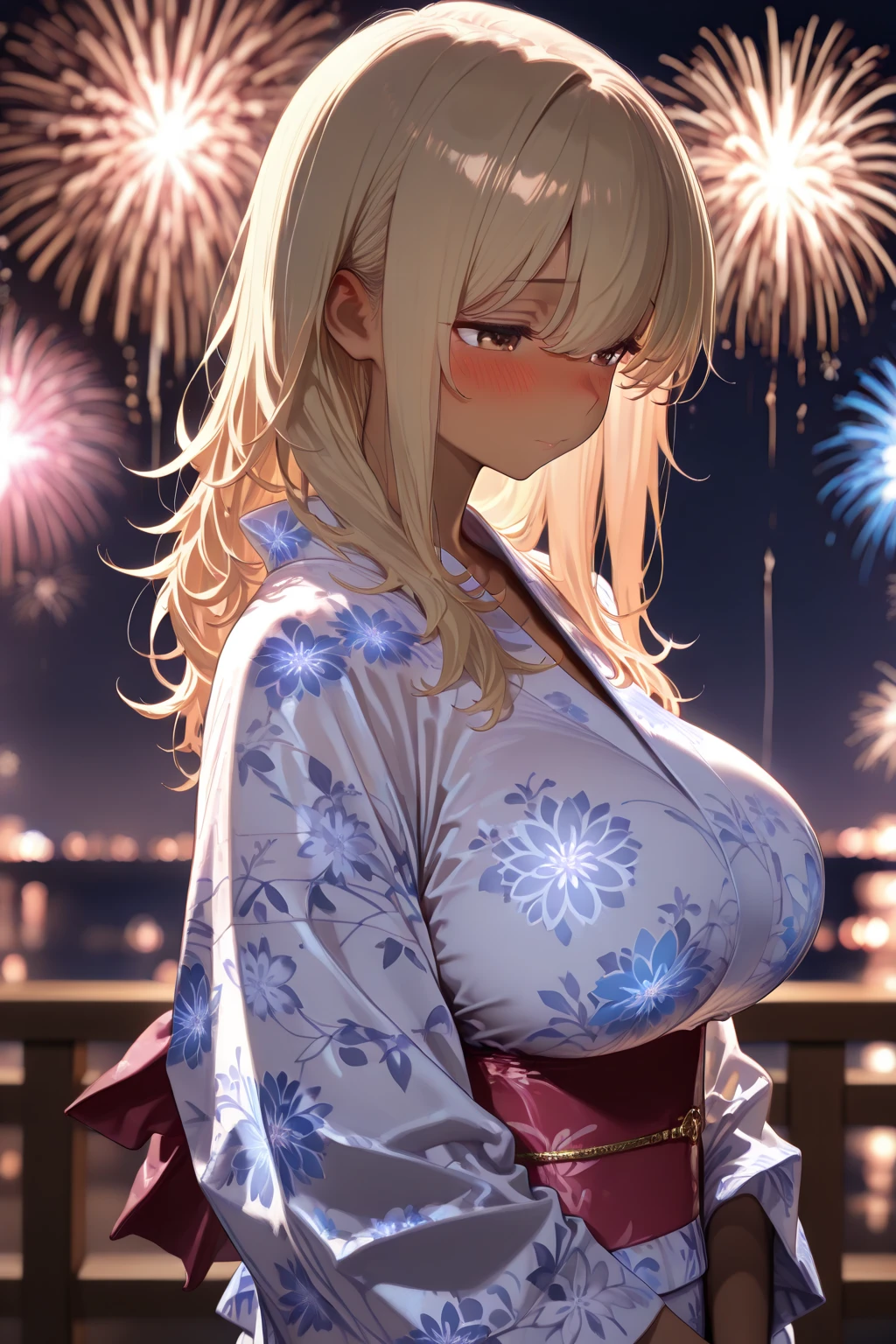 ((One personの女性)), Beautiful Face, Looks painful,A pleasant expression,((Wink:2.5)), ((The penis is positioned just above the vagina:2.8)),((sweat flowing from the vagina:1.6)),((Massage the breasts:3.0)), ((Breast milk overflows from the nipples:3.3)),((Red cheeks:1.4)),Open your mouth wide and shout,Glossy pink lips,night,rooftop,Sit on the sofa,You can see the ocean, firework,((Anime style background)),masterpiece, Highest quality, so beautiful, ,Latest, Complex details, (Pink long nails),(ring),(bracelet),(choker),AI-generated, Complex,High resolution, Highest quality, super high quality,3D Images、View your viewers、3D Images,One person,Long blonde hair,High Ponytail,Turquoise Eyes,Anime woman posing for a photo, (Fine grain,Colorful eyes,Shining Eyes:1.3),(Squint your eyes:1.1),a hyperRealistic , hyperRealistic , Realistic,Blonde anime woman with long hair, Smooth anime CG art, A woman in a colorful kimono with gold embroidery, (Pink long sleeve kimono),Red floral pattern,Long flower hair ornament,Large floral earrings,(ring),(Big Breasts:1.0),Mature Body,Tall,Big Ass,Narrow waist,(Zoom in on face:1.05),((Spread your legs)),(Shooting from below at an angle),