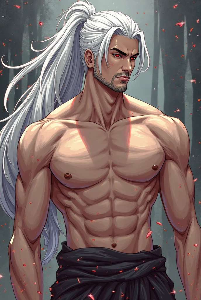 a 18 years man with long white hair, violet eyes, a rugged appearance, many scars on his body and face, nude, muscular physique