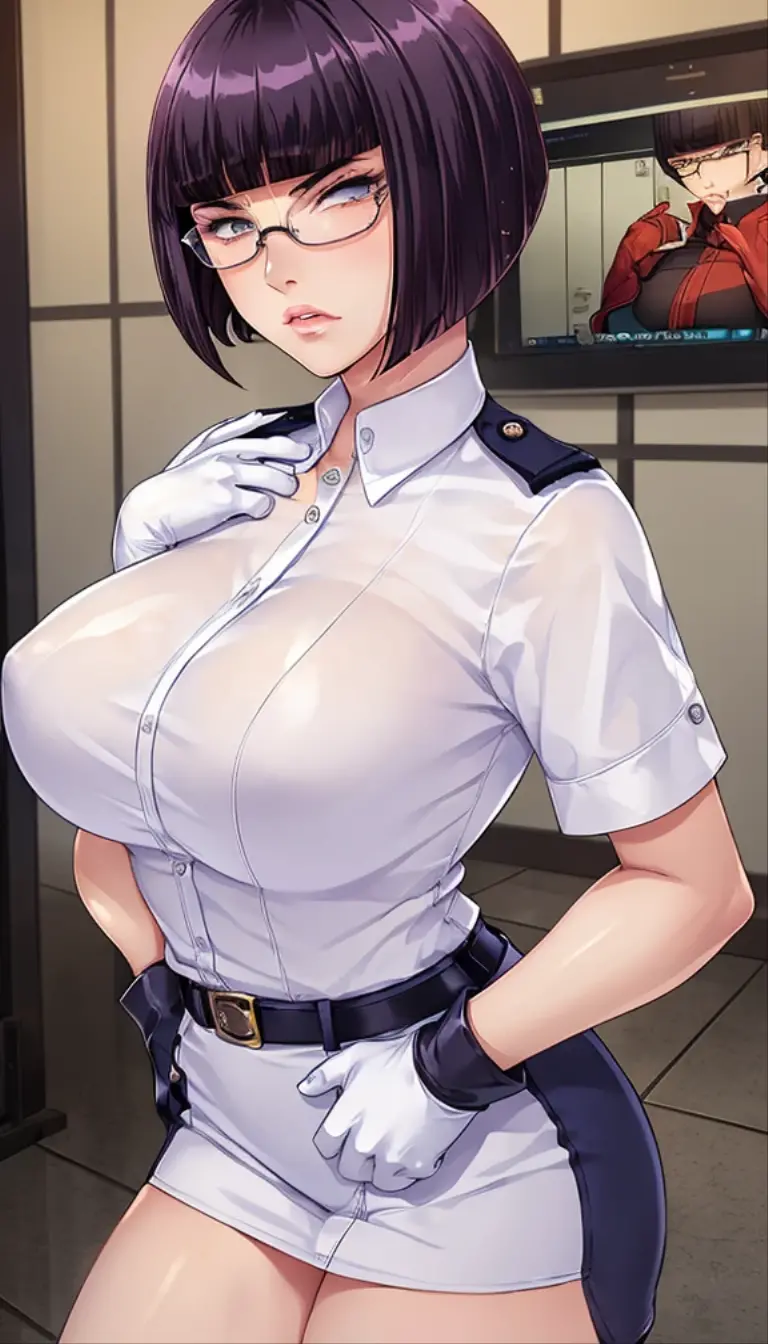 ((masterpiece)), ((best quality)), (ultra-detailed), absurdres, extremely detailed CGI unity 8k wallpaper, Official Art, Accurate describe shapes, beautiful face, expressive eyes, looking at viewer, solo, close-up, scenery, anime screencap, indoors, sofa, dramatic lighting, sitting, seductive smile, (mature female, older, huge breasts:1.4), milf, motherly, wide hips, curvy, straight hair, short hair, black hair, black eyes, parted bangs, policewoman, collarbone, lips, HDR