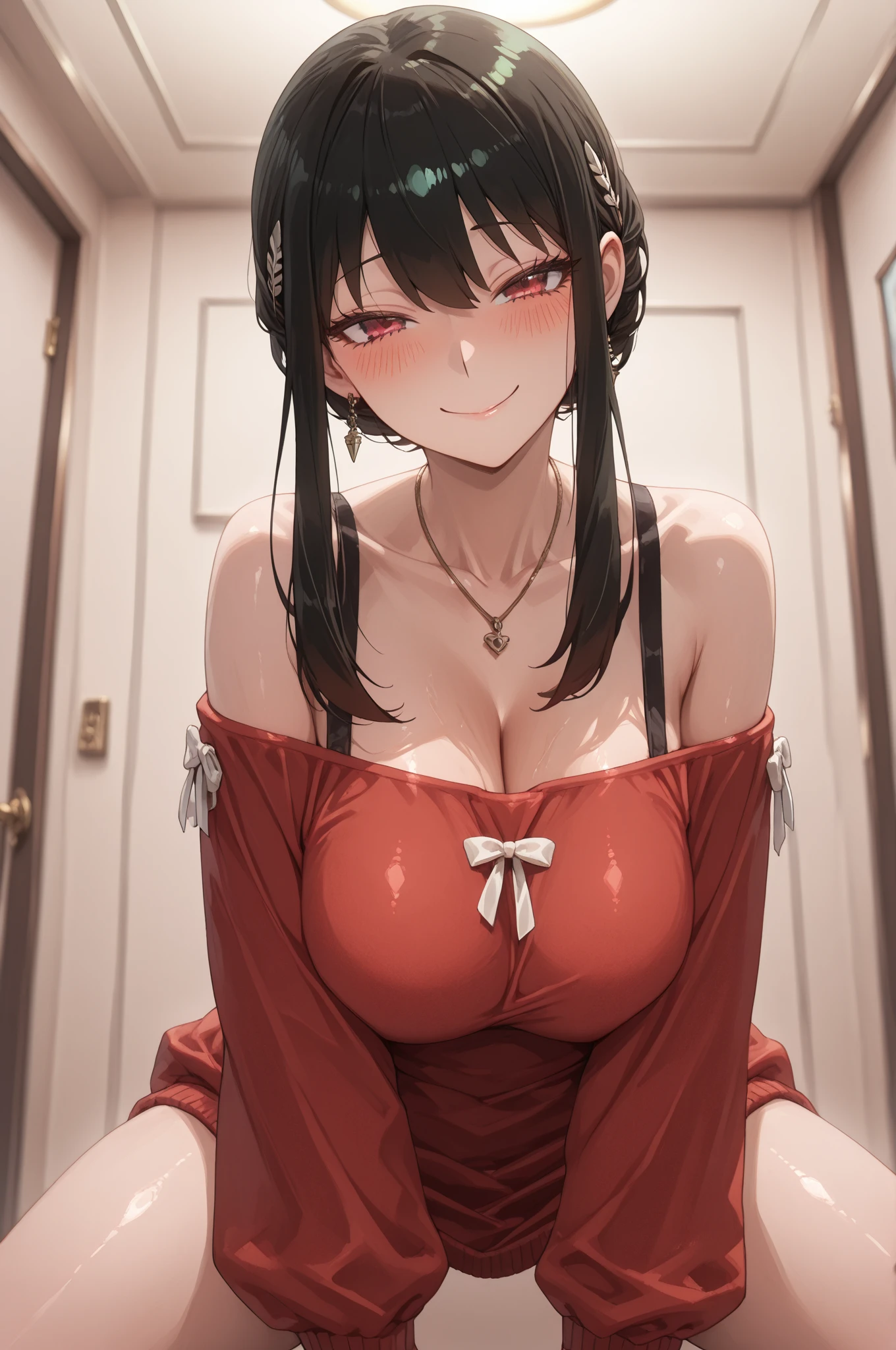 ultra-quality, ultla highres, Hyper Detailed, High contrast, Ultrafine Strike, creative refinement,A dark-haired,ssmile,Santa Claus Costume,Show cleavage,livingroom,5 fingers